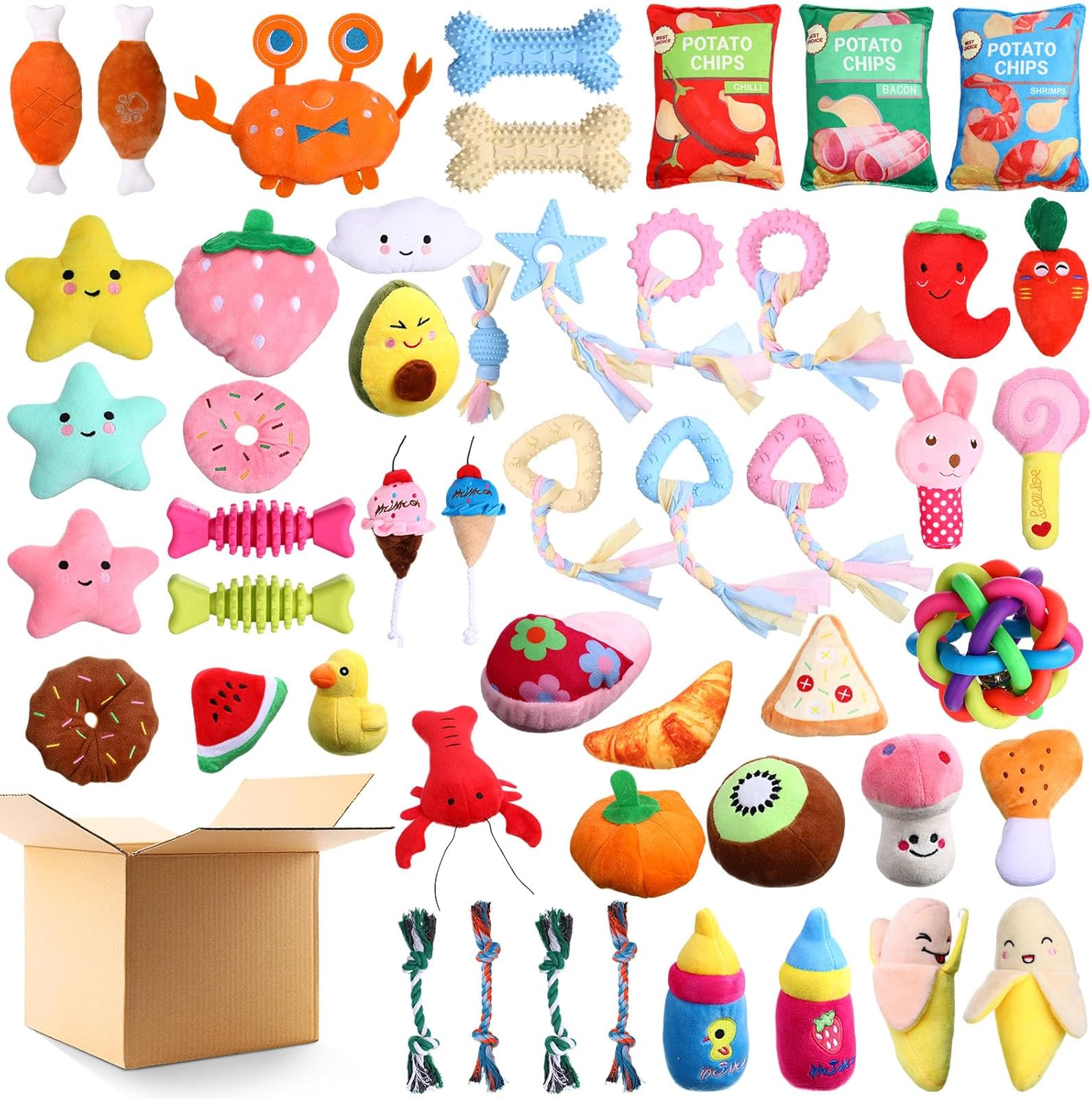 Lenwen 50 Pack Easter Dog Squeaky Toys Set Cute Stuffed Plush Dog Toy with Ropes Bulk Puppy Chew Toys for Small Medium Puppies Pets Teething and Chewing