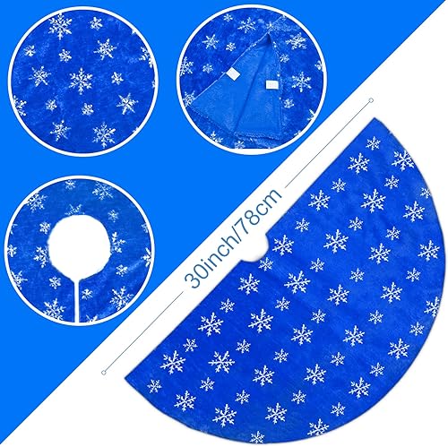 Vista 156 de Faldones de felpa para árbol de Navidad, 36 pulgadas, tapete de lujo de piel sintética blanca nevada con copos de nieve dorados para decoración