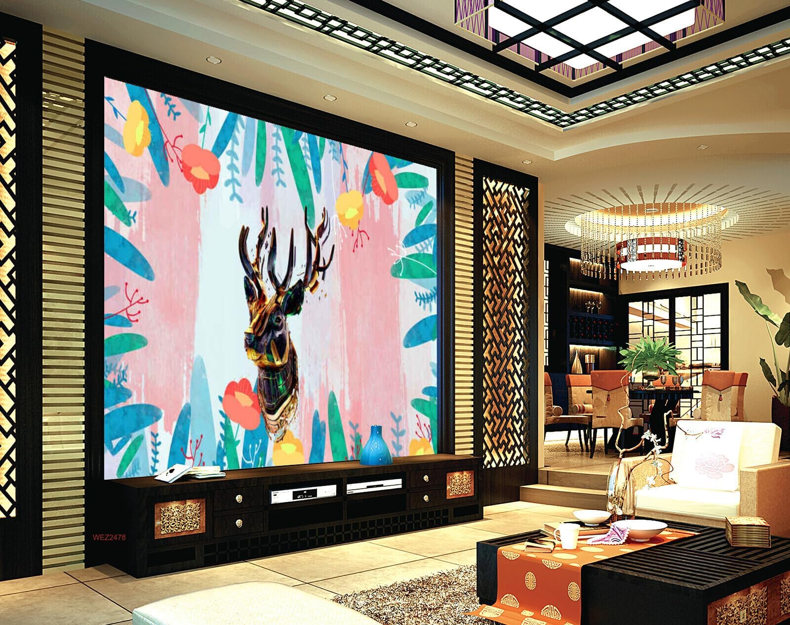 Wall26 - WEZ2478 Head Flowers Cervid Leaves Beautiful Deer Go Out Peak HD 3D Wall Sticker[7 ft x 4 ft] / [213 cm x 122 cm]