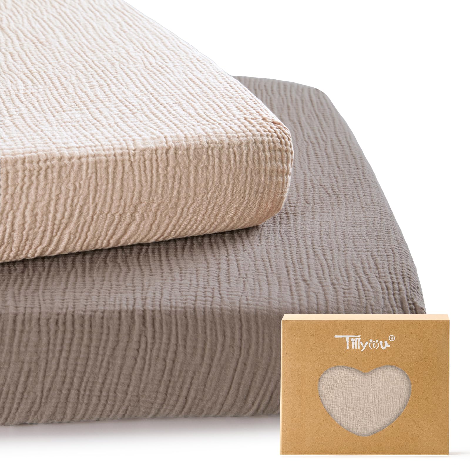 TILLYOU Muslin Mini Crib Sheets 2 Pack, Pack and Play Mattress Sheets Fitted for Pack N Play, 38 x 26 Sheet for Toddler, Grey Brown and Light Brown