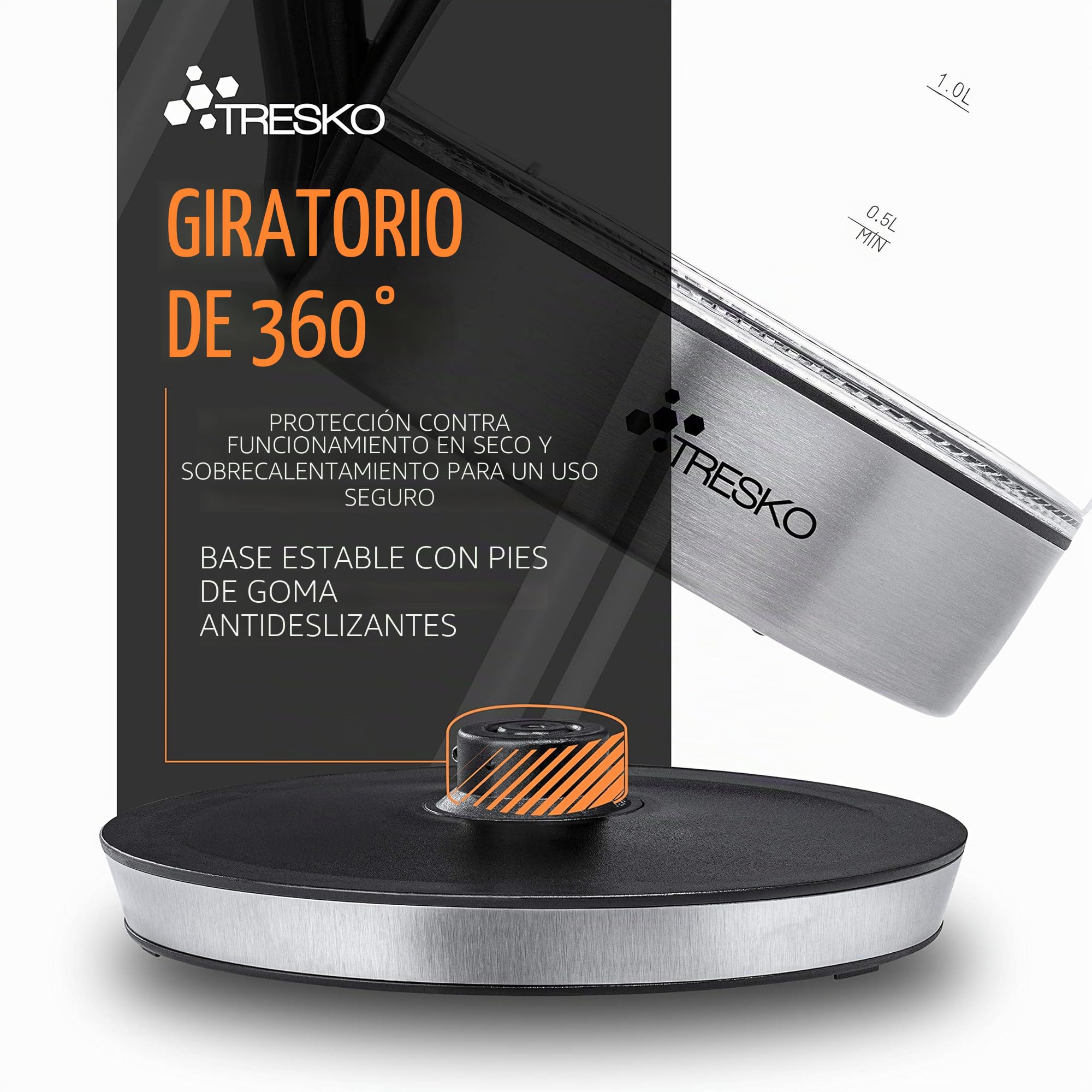 TRESKO Hervidor de Agua Eléctrico de Cristal 1,8L con Iluminación LED | Incluye Filtro de Té & Antical | Acero Inoxidable | 2200W | Temp. Regulable | Desconexión Automática | Libre de BPA