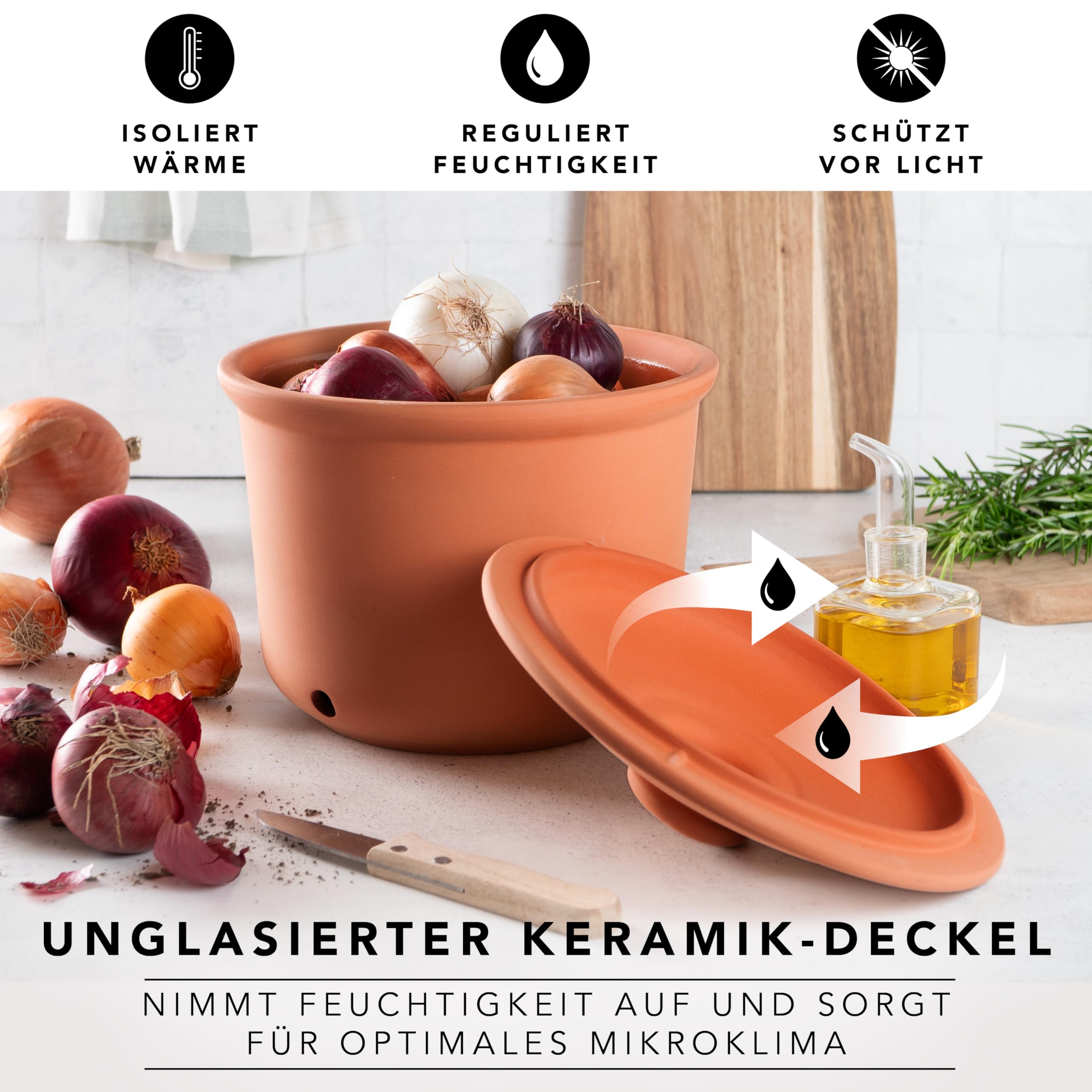 Römertopf zestaw 3 garnków – czosnek, cebula i ziemniaki, ceramiczne pudełko do przechowywania – oddychająca glina utrzymuje świeżość warzyw dłużej – terakota