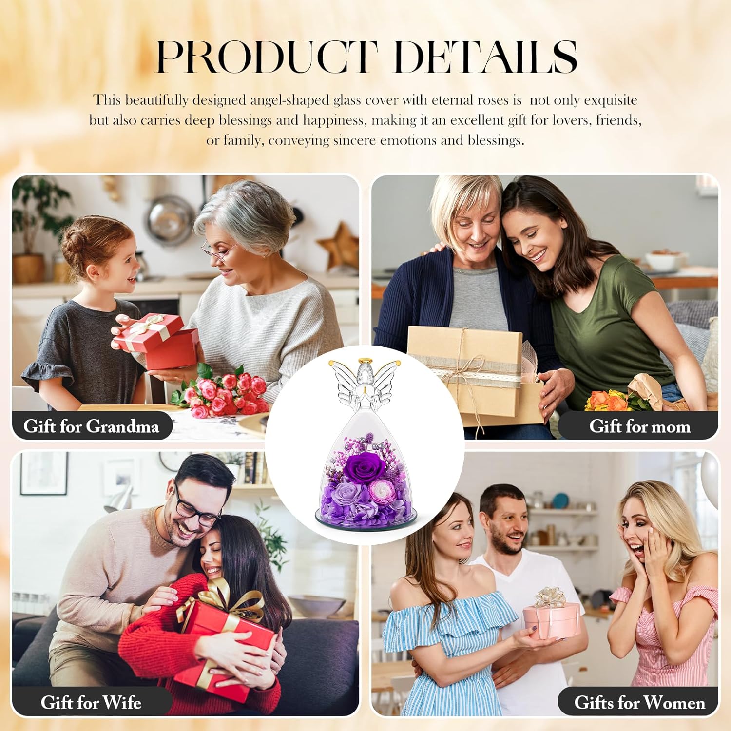 RoseValley Angel Roses Gifts for Her,Preserved Real Flowers Roses in Glass Angel Figurines,Valentines Day Birthday Gifts for Grandma Women Mom Wife Girlfriend Best Friend/Purple - Image 6