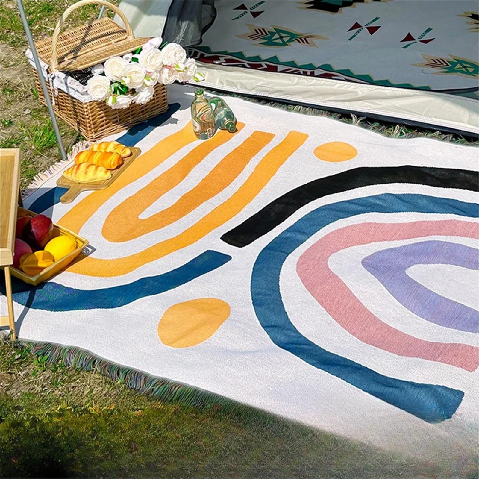 Couverture de pique-nique, tapis de camping, tapisserie jacquard, serviette de canapé simple, couverture de pique-nique multifonctionnelle pour l'extérieur, pour le jardin (160 x 130 cm) (blanc 90 x 9