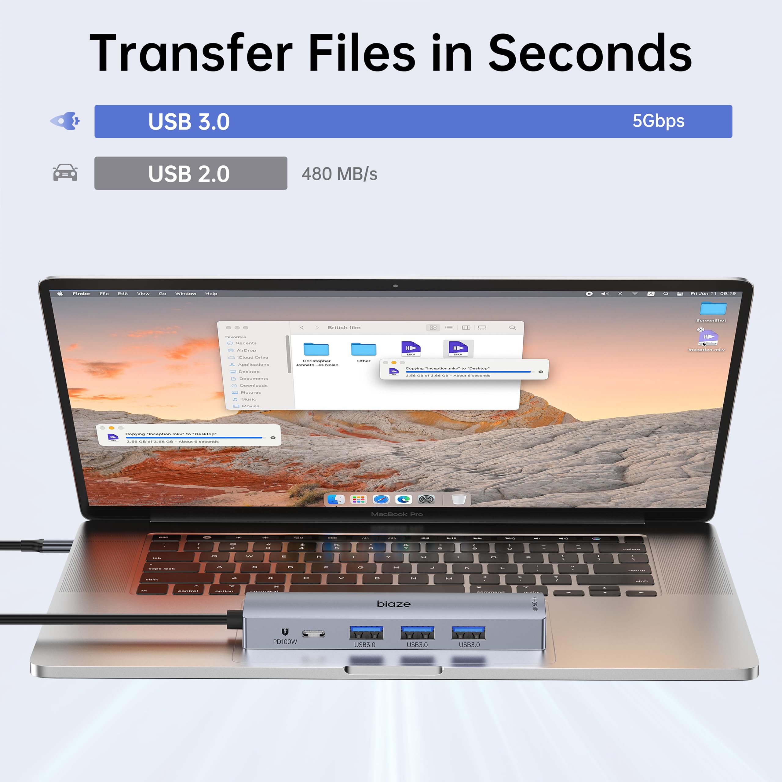 Base 5 en 1 para MacBook: amplía tus puertos. Soporta HDMI 4K60Hz, carga rápida PD de 100 W, 3 puertos USB 3.0, hub para portátil. Compatible con MacBook Air/Pro M4/M3 y iPhone 15/16 Series.