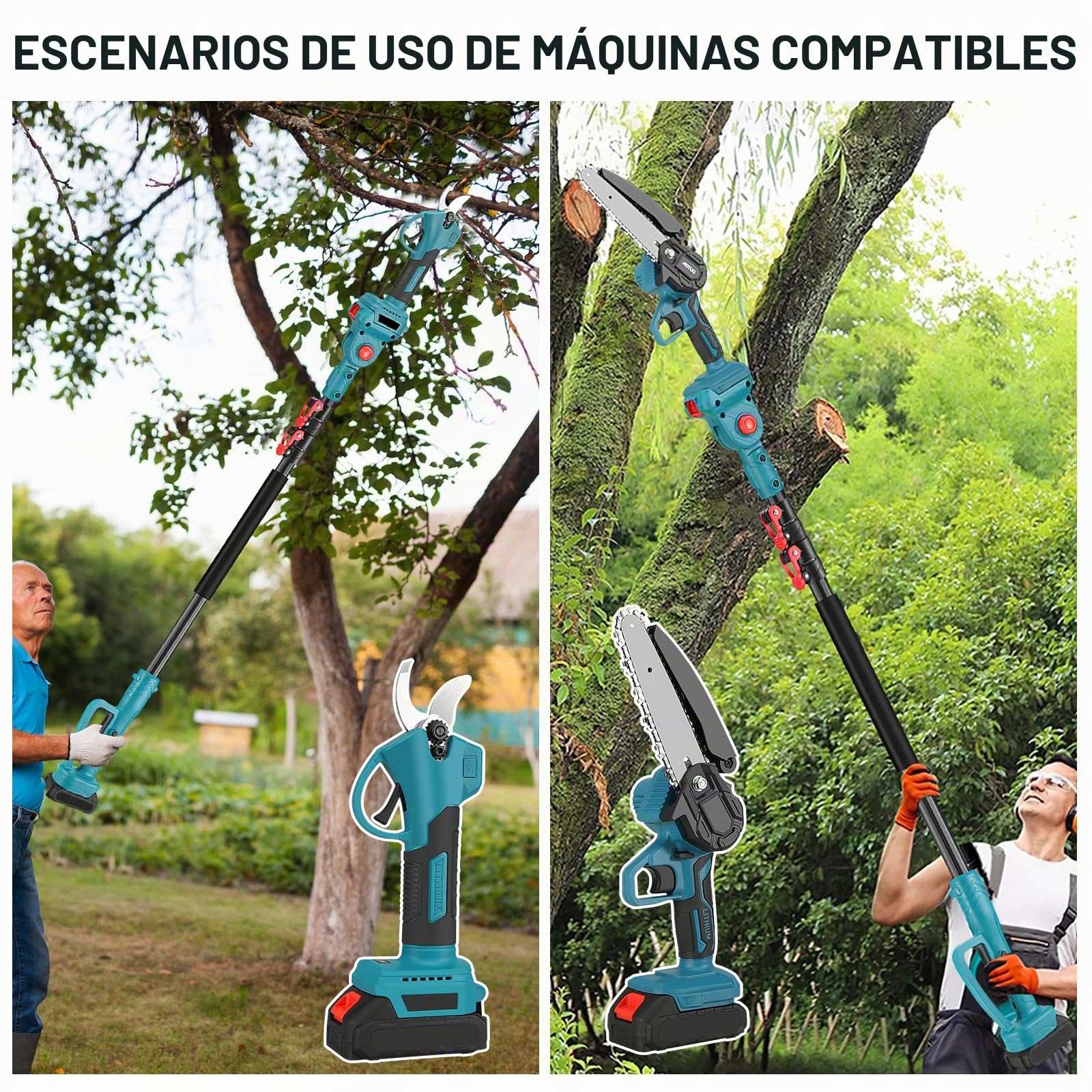 Motosierra Telescopica 6 Pulgadas,Tijeras De Podar Eléctricas,4 En 1 Kit De Herramientas Con 2 * 7500 Mah Baterías,Adecuado Para Podar Ramas,600W (Tijeras de podar + pértiga extensible+Motosierra)