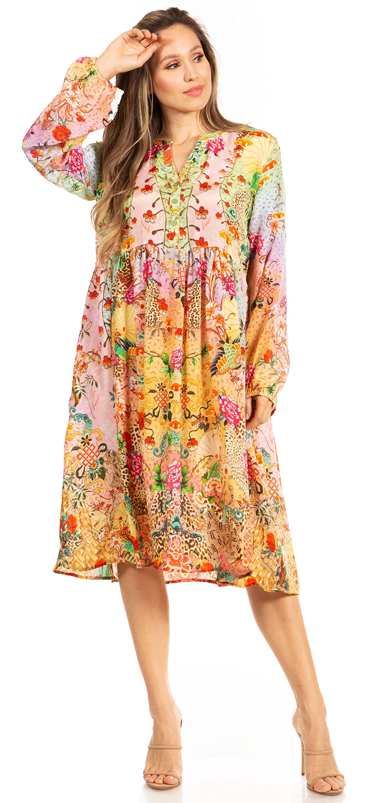Sakkas Jules Women's Boho Long Sleeve Split Neck Floral Midi Dress Loose Cocktail