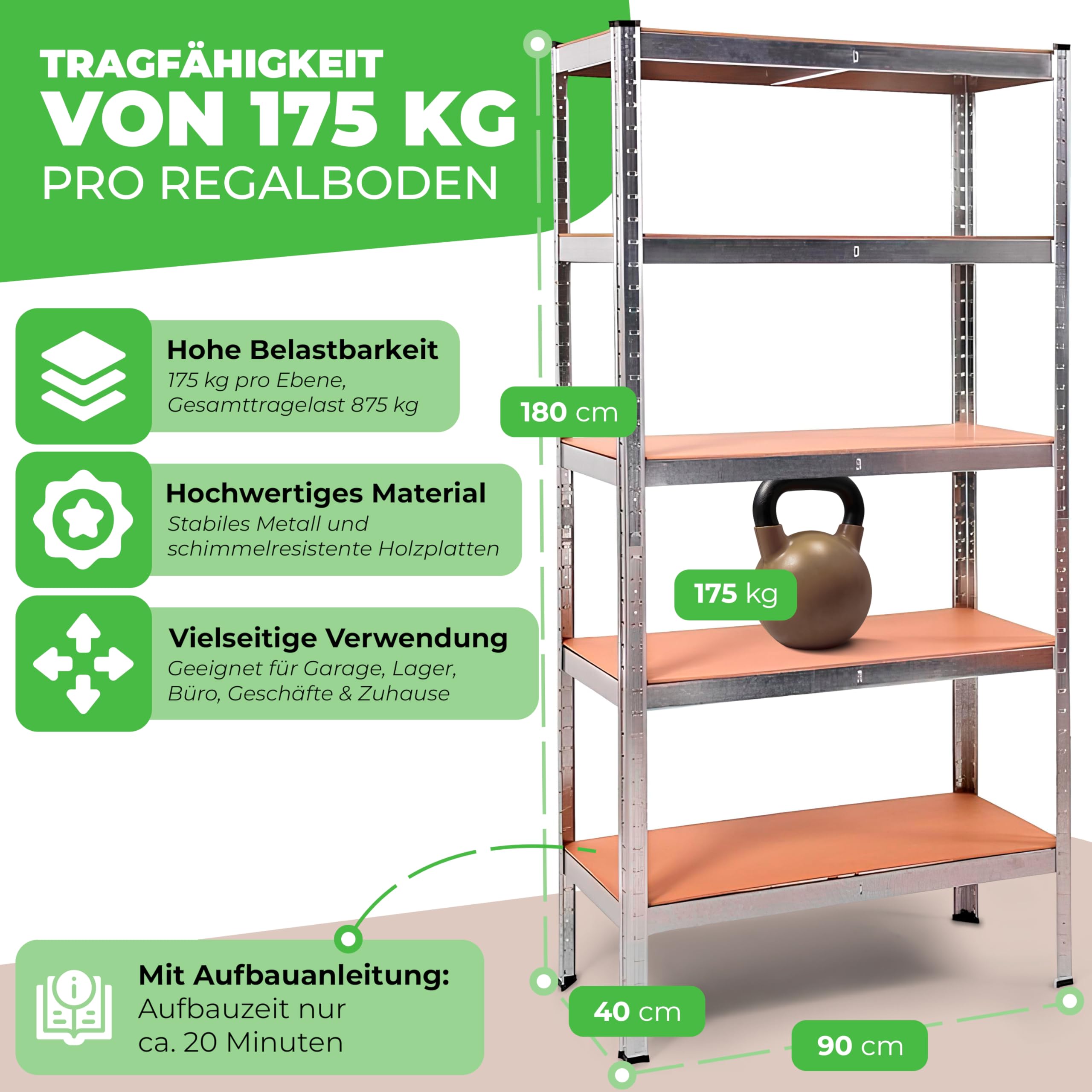 Ondis24 2X Metallregal Thomas, Lagerregal 90x40x180 (H) cm, Kellerregal bis 875kg belastbar, Silber, mit 5 Fachböden, je 175 kg belastbar, höhenverstellbar, Schwerlastregal - Doppelpack!