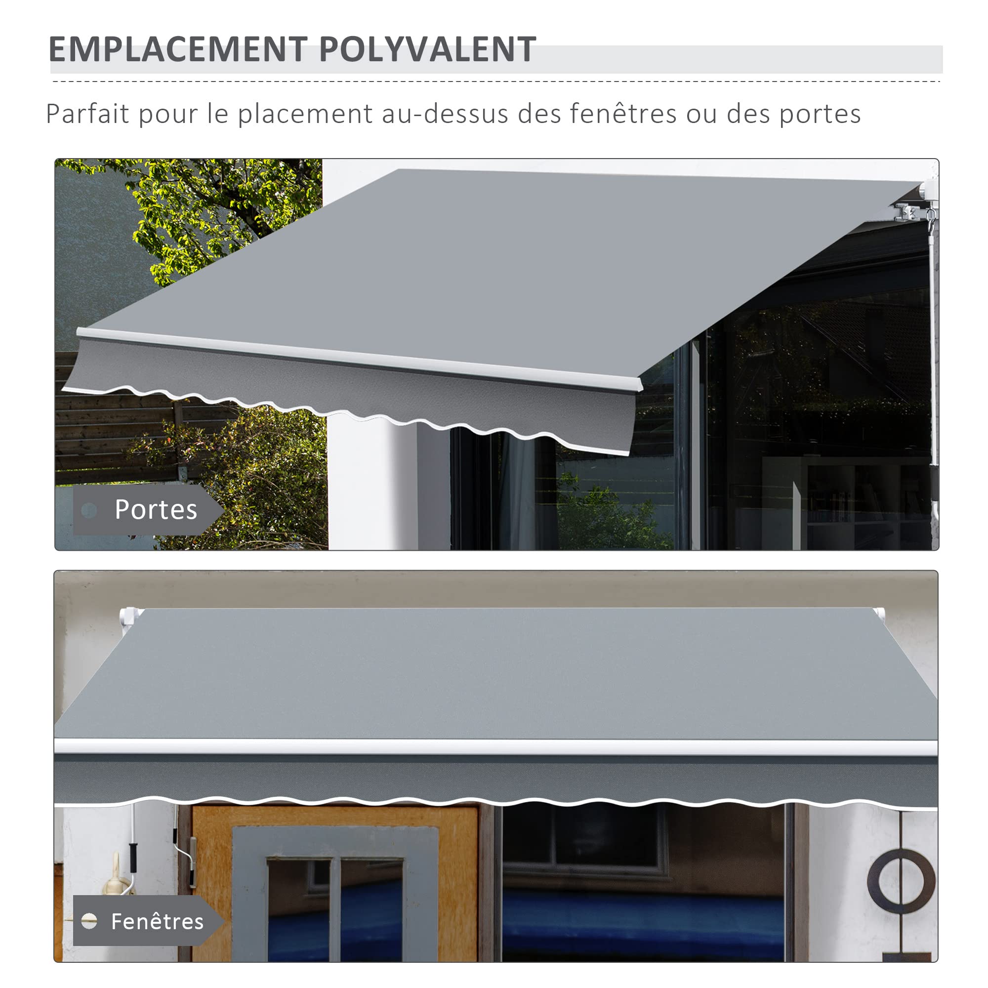 Outsunny Store banne Manuel rétractable 395 x 245 cm Store Exterieur terrasse avec manivelle, Angle réglable 45°-85°, Aluminium et Polyester 280 g/m², Protection UV, auvent de terrasse, Gris
