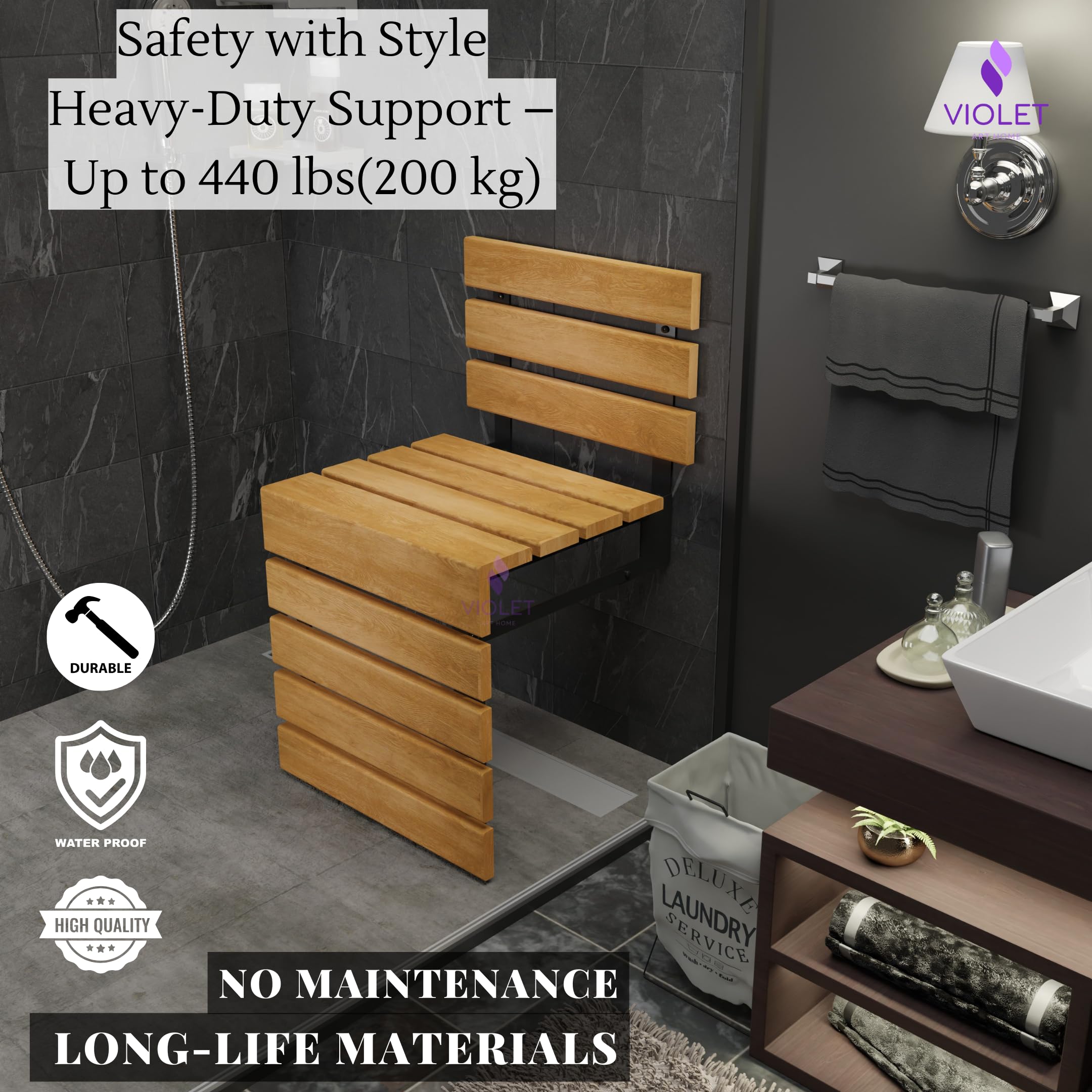 Sedile da doccia pieghevole in legno di teak con schienale, sgabello da bagno pieghevole impermeabile con gambe, materiali di alta qualità, panca fasciatoio fatta a mano, sedia salvaspazio e super