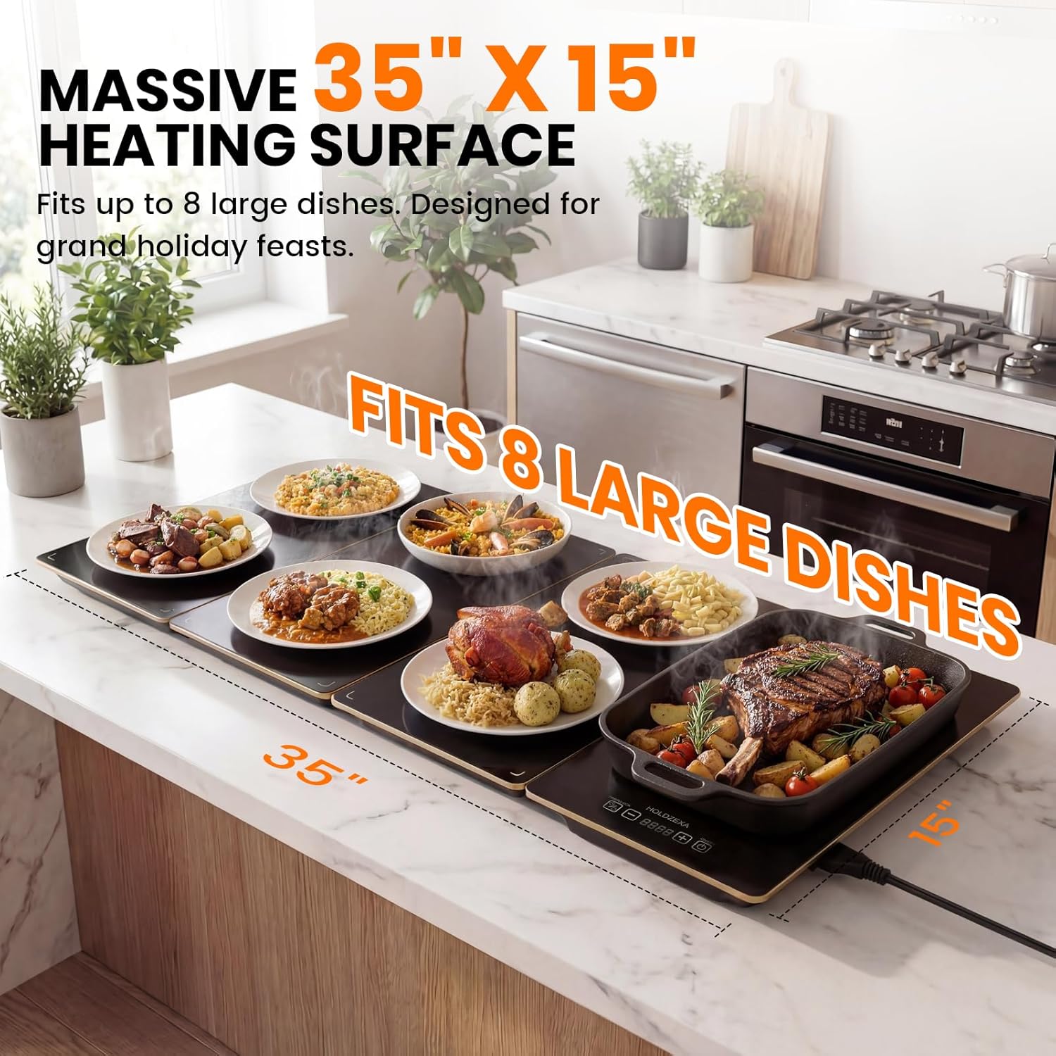 Expandable 4-in-1 Electric Warming Tray, Extra-Large Tempered Glass Food Warmer with 8 Heat Levels, 24H Timer & Child Lock, Modular Buffet Heating Plate for Parties & Family Dinners