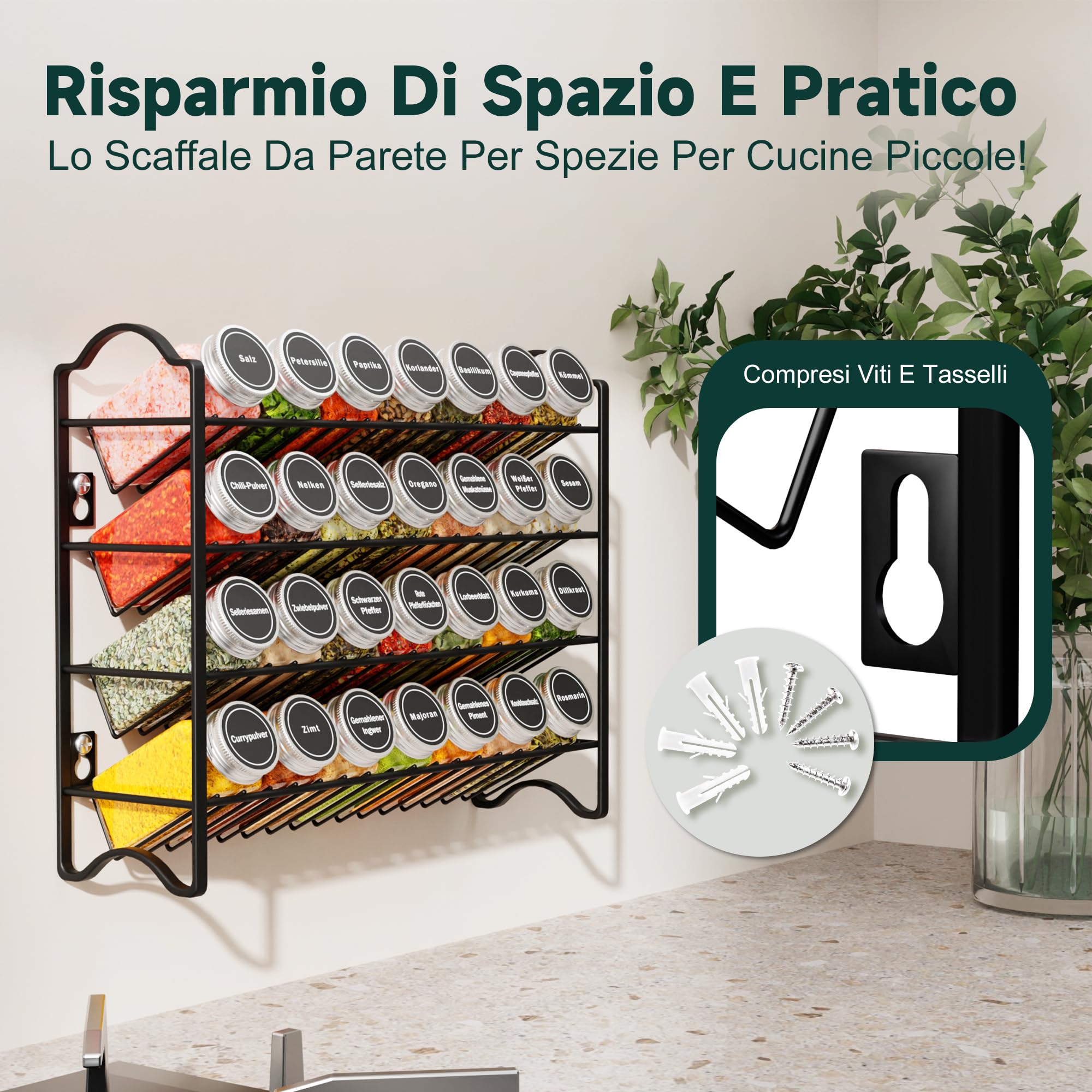 Set portaspezie con 28 barattoli per spezie e 120 etichette, organizer per spezie per cucina e armadio, portaspezie da parete o in piedi, completo sistema di conservazione delle spezie (nero)