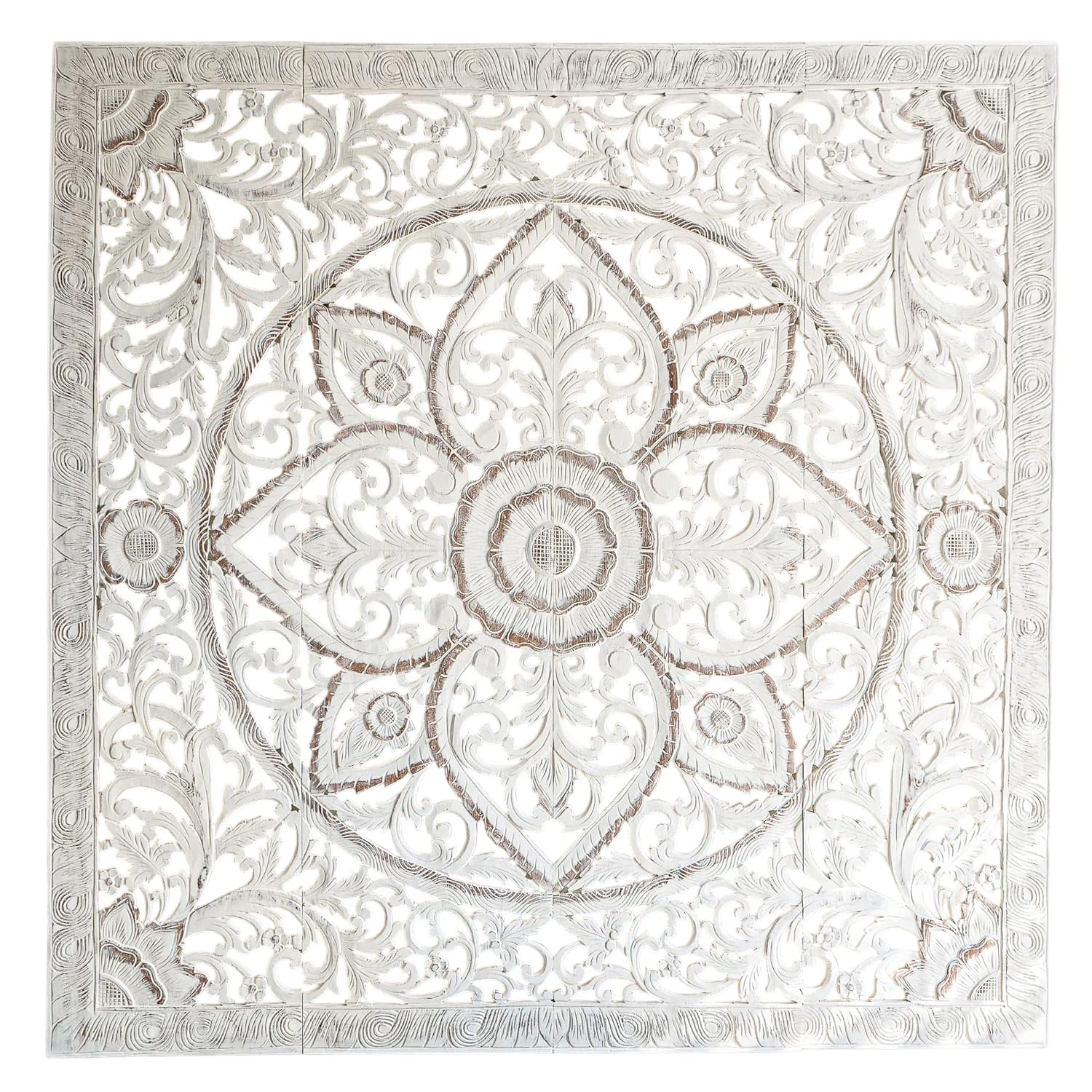 Siam Sawadee White Boho King Mandala Headboard, Handcrafted Teak Wall Mounted Bedroom Furniture, Whitewash Painted Reclaimed Wood Carving, 76 inches