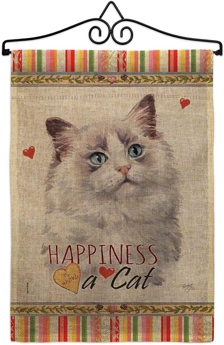 Bicolor Ragdoll Happiness Garden Flag Set Wall Holder Animals Cat Kitten Meow Spoiled Paw Fur Pet Nature Farm Animal Creature Small Gift Yard House Banner Made In USA 13 X 18.5