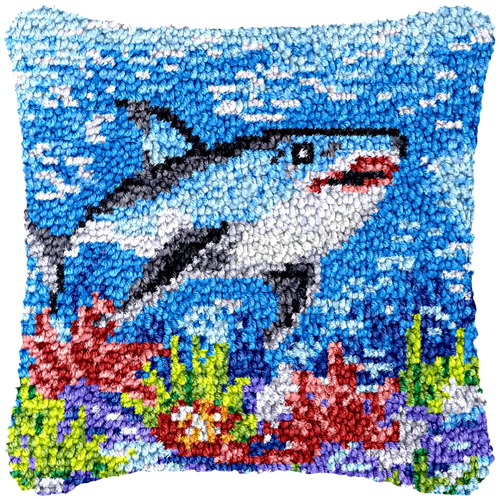 Shark in Sea DIY Latch Hook Pillow Kits for Beginners Easy Crochet Yarn Embroidery Hook and Latch Throw Pillowcase Color Printed 43x43cm