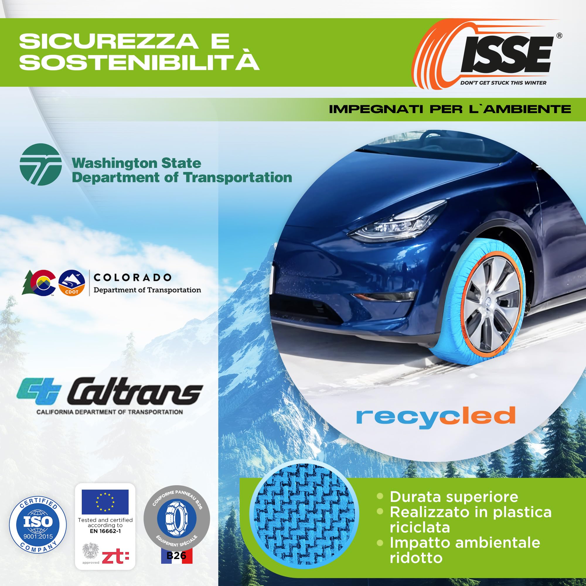ISSE Catene da neve riciclate per auto T-70 | Catene da neve in tessuto riciclato -Omologate Italia EN 16662-1- Catene per auto di tutti i giorni per neve e ghiaccio - Kit di 2 catene
