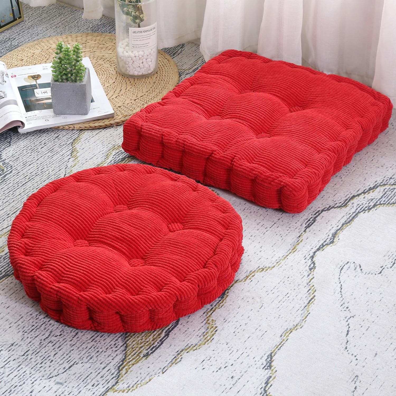 Paquete de 2 cojines de suelo de 16 x 16, 18 x 18, 20 x 20 pulgadas, almohadas cuadradas y redondas para adultos, cojines grandes y cómodos, para sala de estar y yoga (color rojo, 50 x 50 cm)