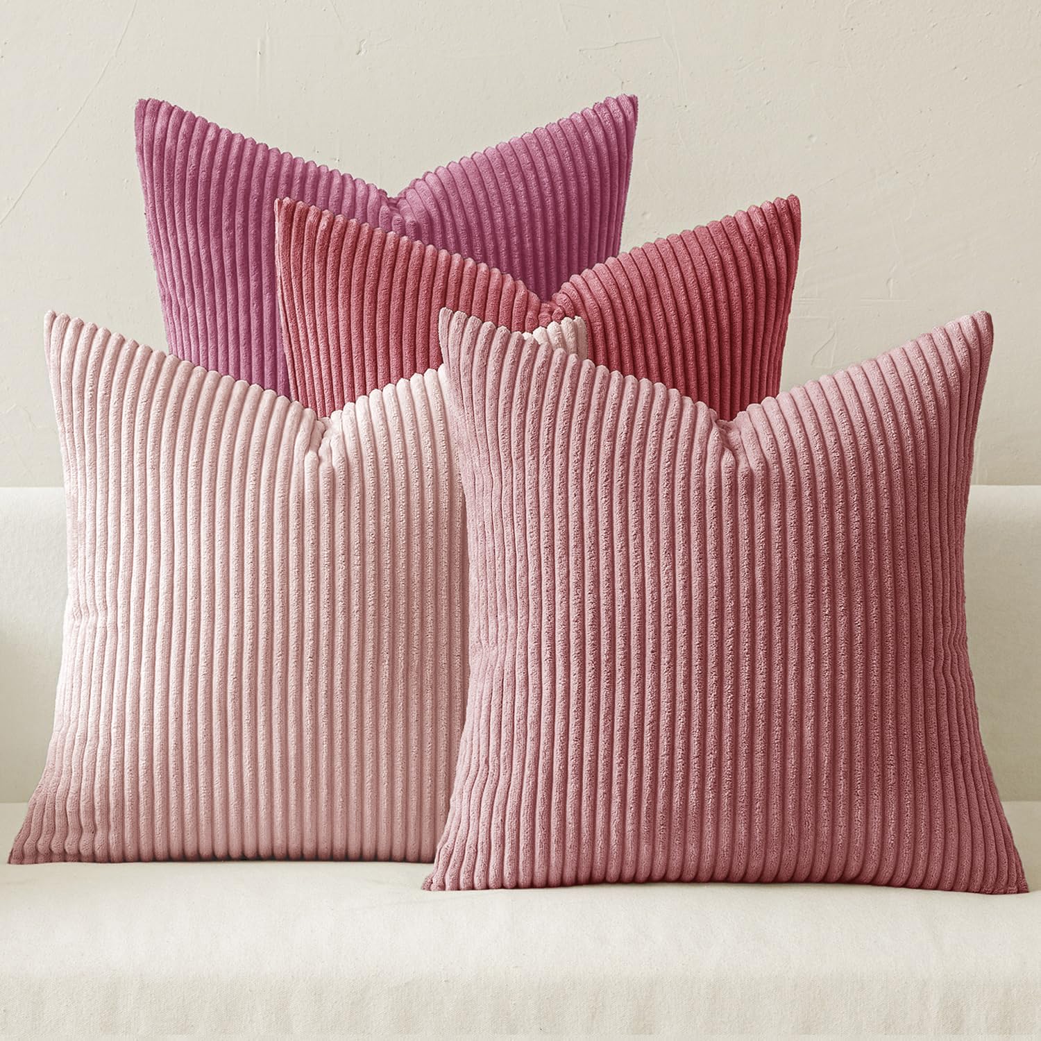 Cogavoo Set of 4 Corduroy Soft Striped Cushion Covers 45x45 cm ,Boho Decorative Square Throw Pillow Covers 18x18 Inch with Invisible Zipper for Sofa Couch Bedroom Decorative Fluffy Large Pillowcases