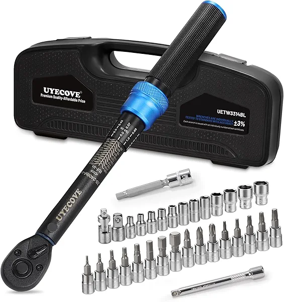 UYECOVE 1/4-Inch Drive Click Torque Wrench Set, 33Pcs Bike Torque Wrench Set (20-240IN.LB/2.3-27.1Nm),Inch Pound Click Torque Wrench with Bit Sockets, 3/8 Adapter, Bicycle Tool Kit