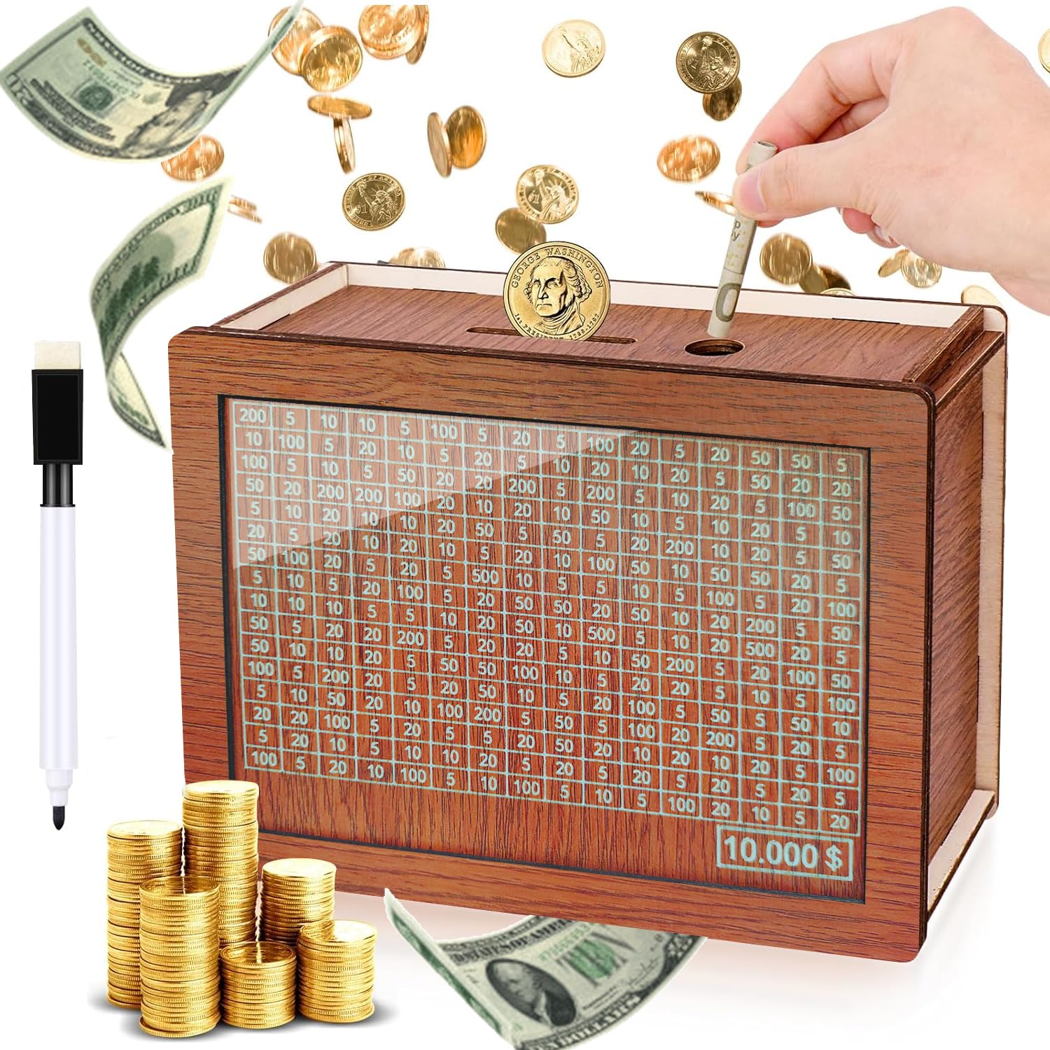 ZHYEED Wooden Money Box for Adults and Kids,Savings 10000 Dollar Challenge Box,Mark Bank with Numbers,Anti-Drop Design