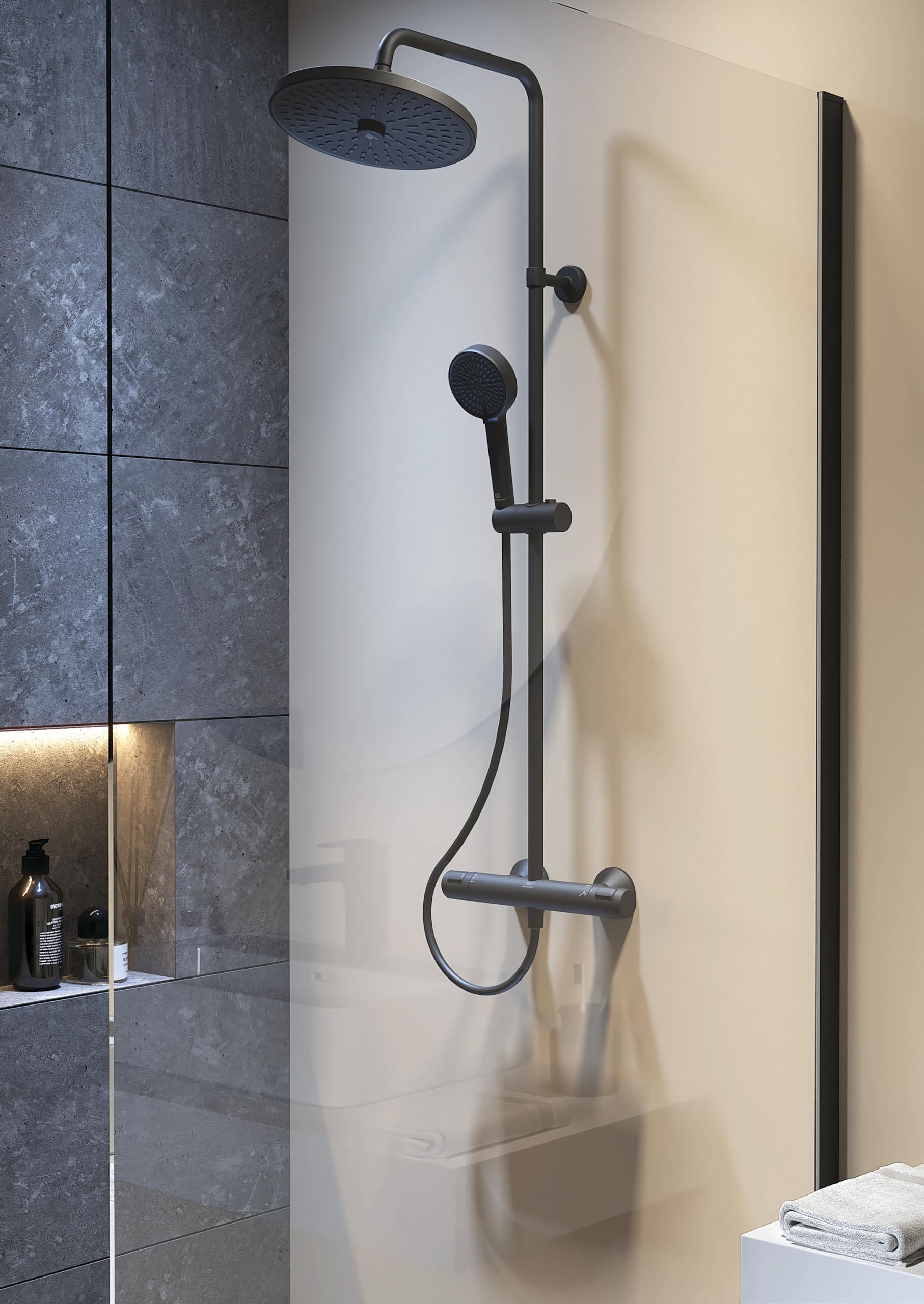 Ideal Standard - Ceratherm T25, Colonne de douche avec thermostatique externe, Kit complet avec mélangeur de douche, Noir soie