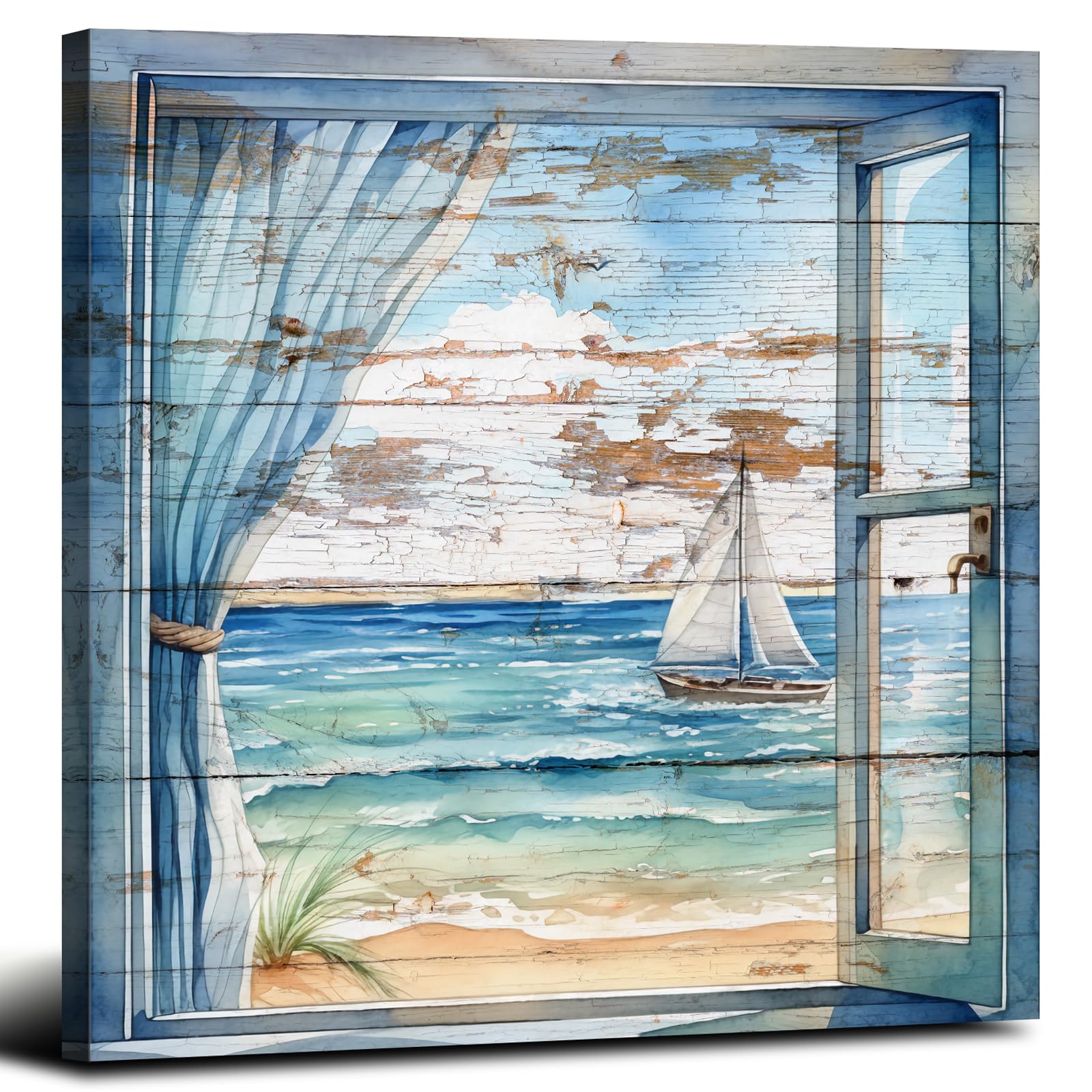 Window Beach Canvas Wall Art Abstract Ocean Landscape Painting Artwork for Bathroom Wall Decor Tropical Coastal Sailboat Print Picture Watercolor Nature Seascape Living Room Bedroom Decoration 14x14"
