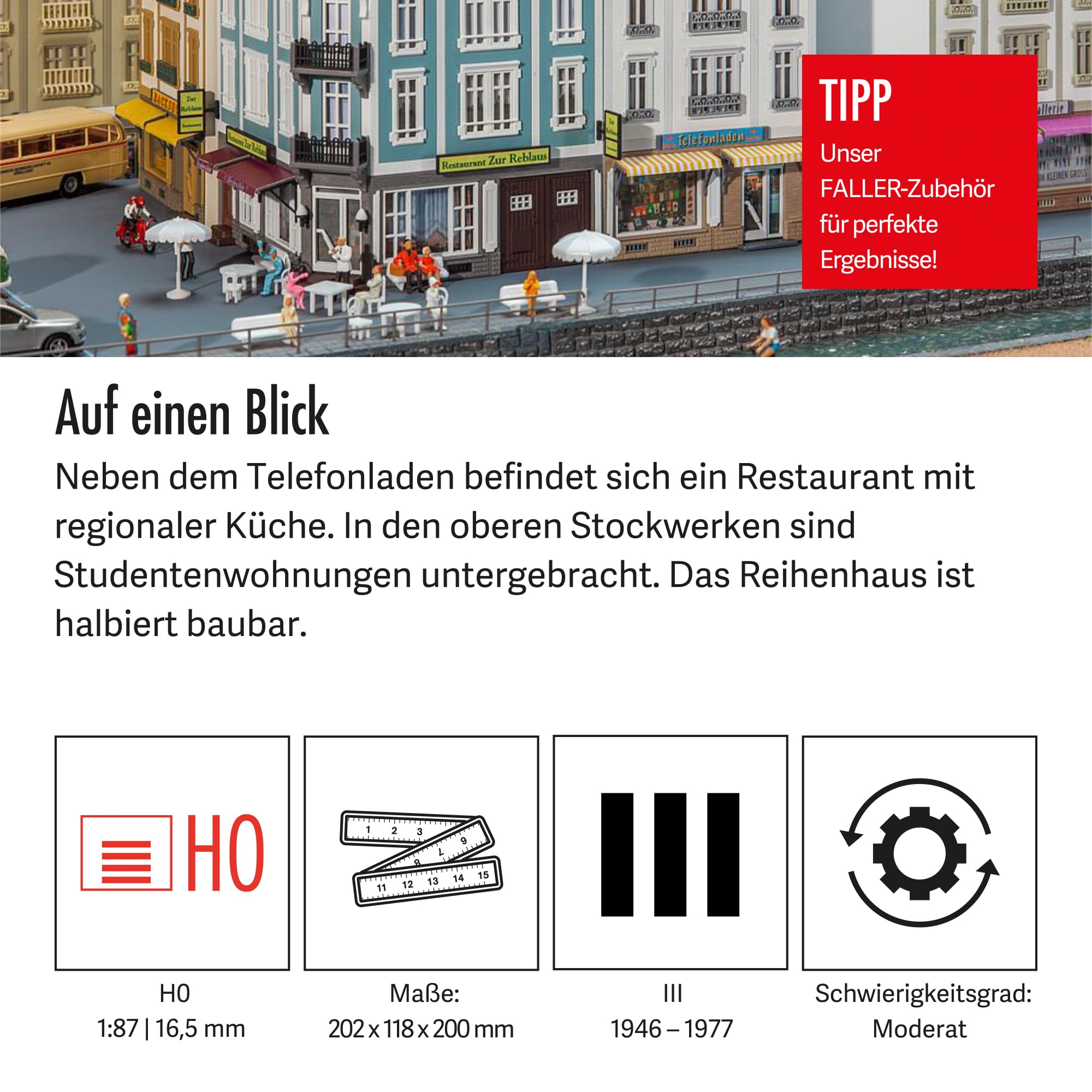Faller 2 Stadthäuser Beethovenstraße Modellbausatz mit 582 Einzelteilen 202x118x200 mm I Modelleisenbahn Zubehör H0 I Modelleisenbahn H0 Stadthäuser