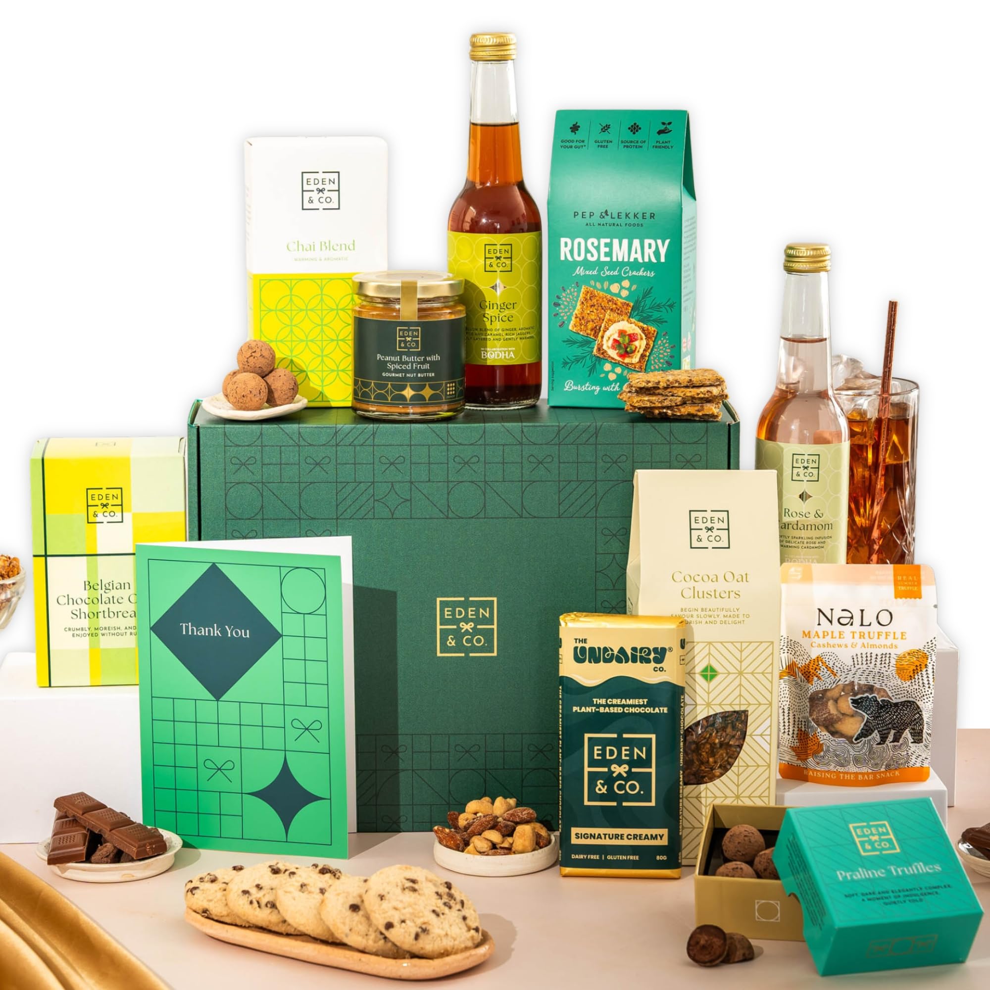 Thank You Vegan Gift Hamper Basket, Luxury Gourmet Gifts for Women, Men, Couples, with Vegan Chocolate by EDEN & CO - Plus Non-Alcoholic Mocktail
