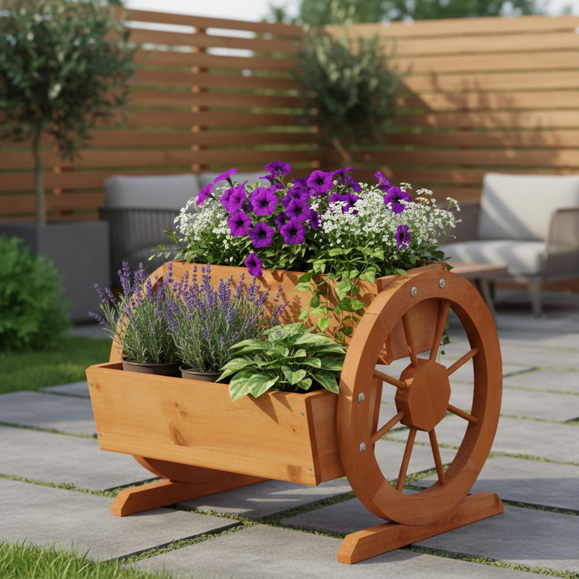 Mucola Pflanzkübel mit Wagenrädern aus Fichtenholz 44x42x40cm – Dekorativer Blumenwagen im Landhausstil mit 2 Pflanzfächern für Garten und Terrasse, Gartendeko Nostalgisch, Natürliche Holzoptik