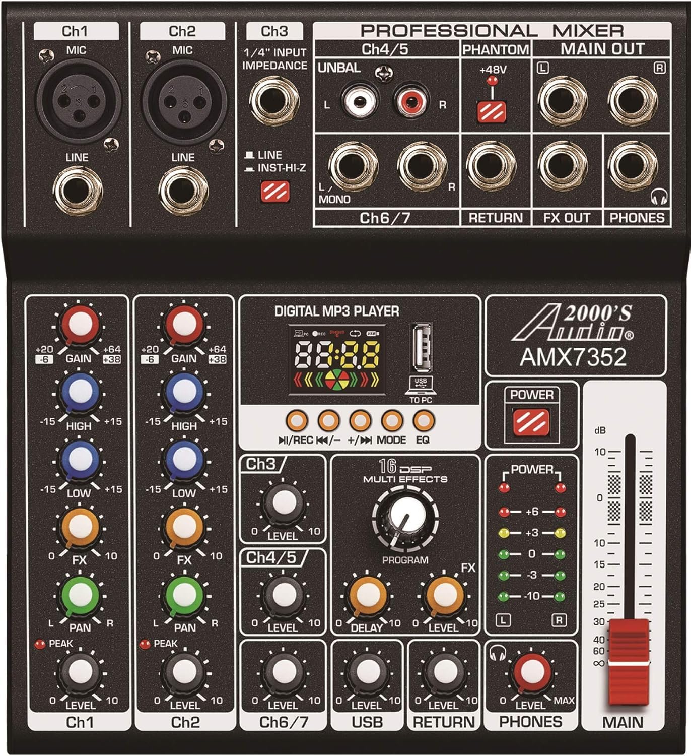 Audio2000'S 7-Channel Professional Mixer, USB Interface, 16 DSP Effects, Phantom Power