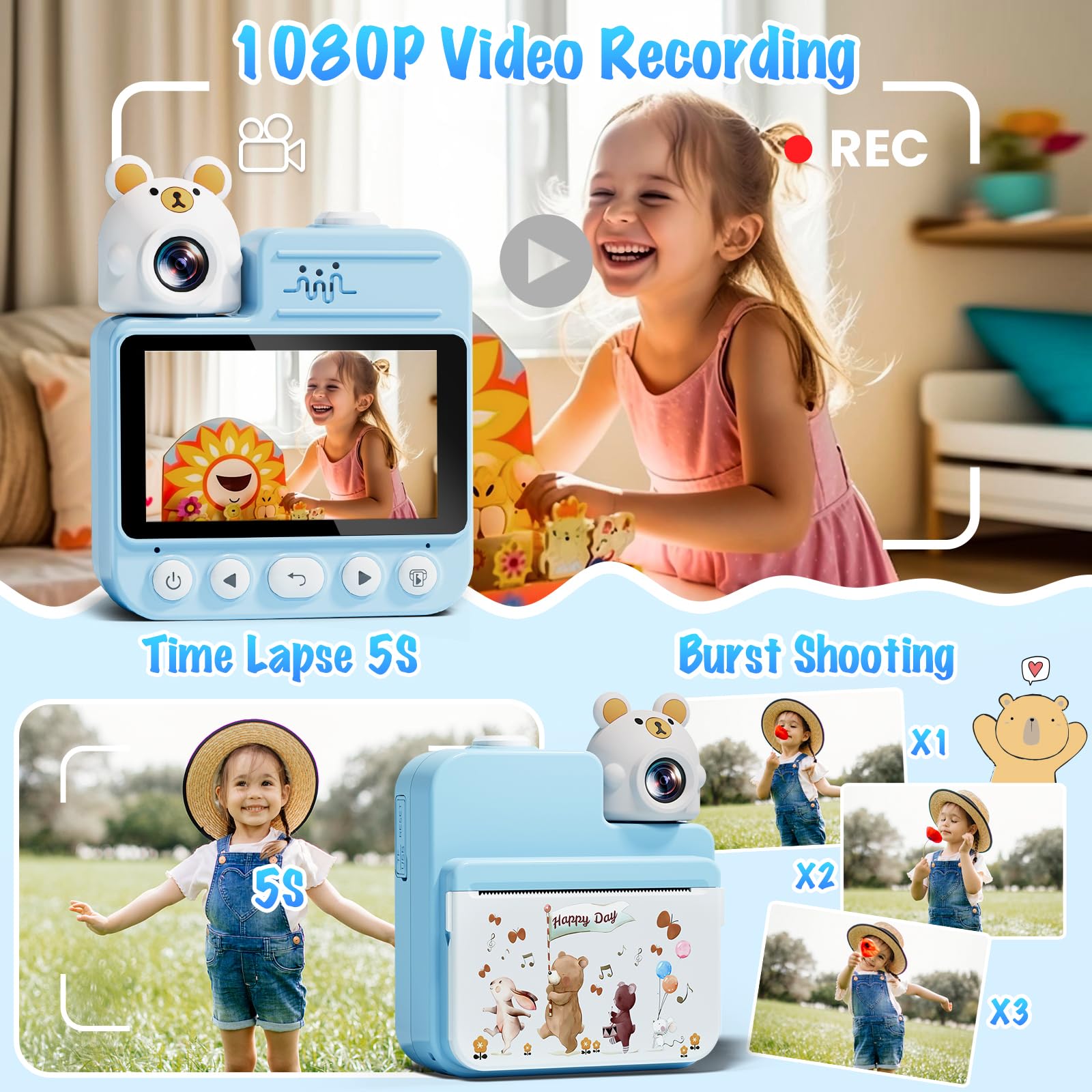 Gofunly Macchina Fotografica Bambini Istantanea, 3,0 Pollici Fotocamera Istantanea Bambini con 32GB Scheda & 3 Carta Stampa, 14MP/1080P HD Videocamera Fotocamera Digitali per Bambino da 3-12 Anni