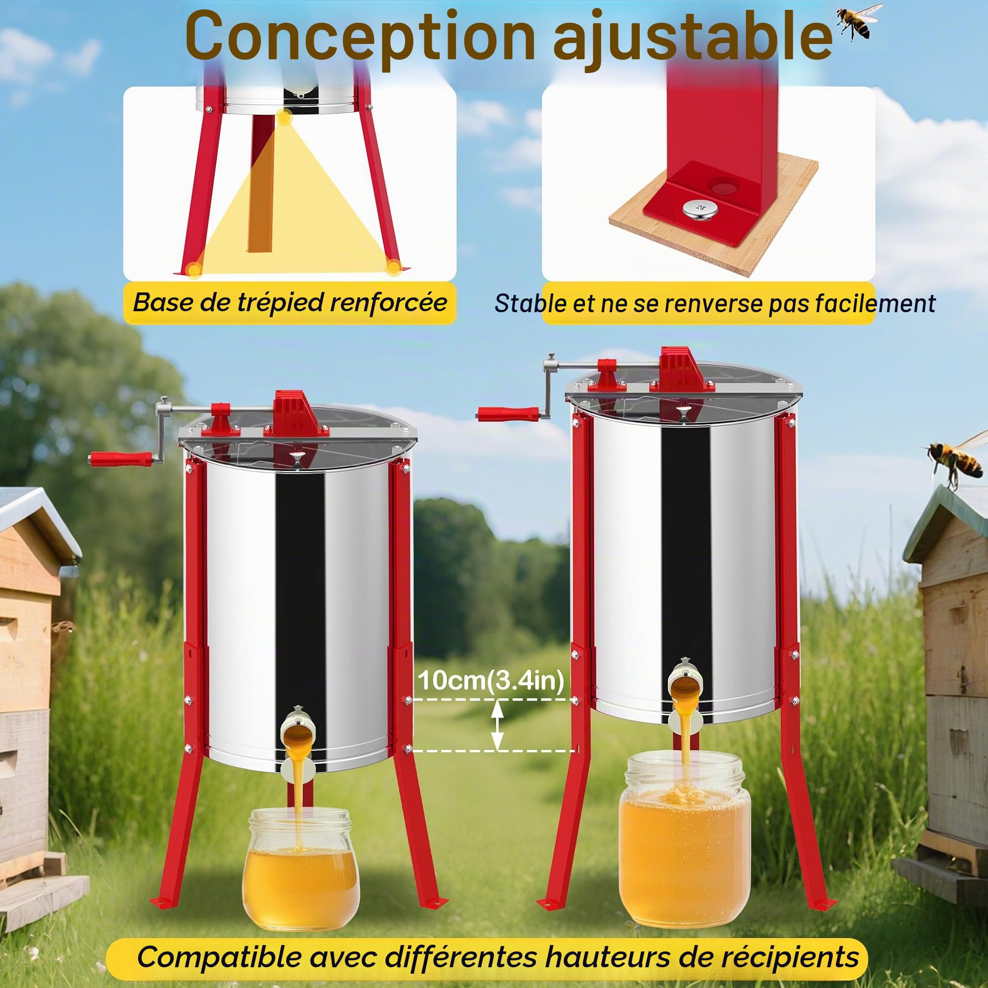LZQ Extracteur de miel manuel en acier inoxydable pour 4 cadres, extracteur de miel centrifuge à manivelle, extracteur de miel pour apiculture, réglable en hauteur, accessoires pour l'élevage des