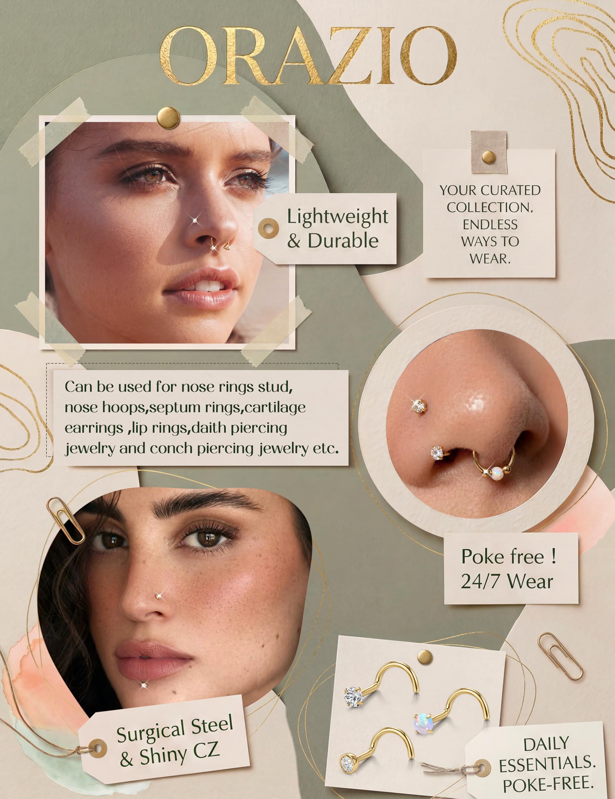 ORAZIO 6 Pièces Piercing Nez Acier Chirurgical Femmes Plaqué Or 14K Percing Au Nez Or/Argent Helix Piercing Piercing Nez Anneaux L/S Septum Nez Piercing - 4