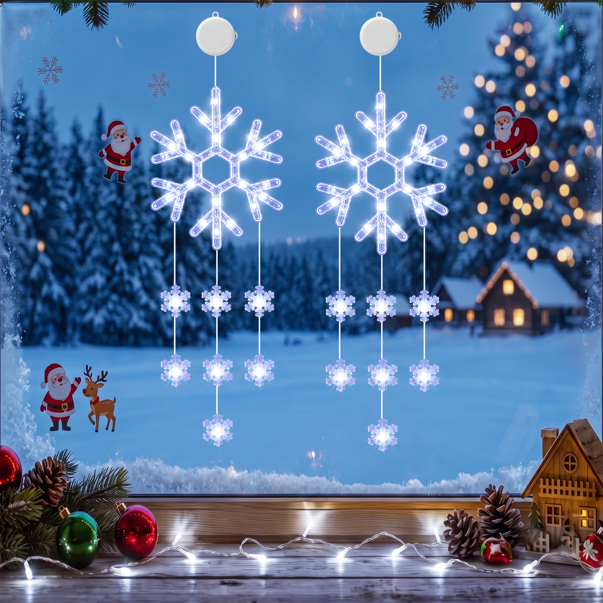 Weihnachtsbeleuchtung Fenster Batterie LED Weihnachtsdeko Innen Beleuchtet | 2 Stück Weiß Schneeflocken Lichtervorhang Fenster Weihnachten Fensterbeleuchtung mit Timer für Balkon Wohnzimmer Fensterdeko