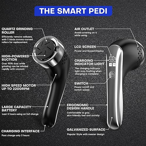 Miniatura 2 de Quitador eléctrico de callos para pies con aspiradora de caspa, kit de herramientas profesionales de pedicura con 3 rodillos, 2 velocidades y