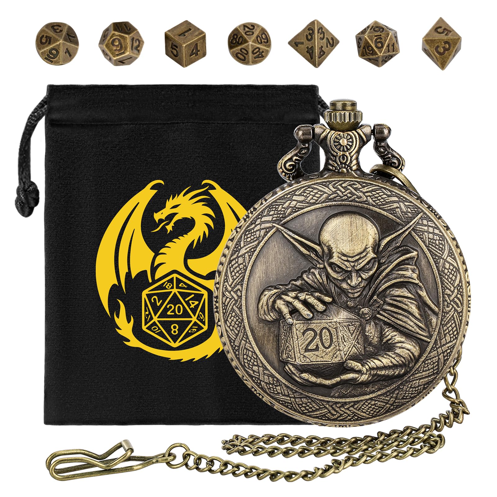 Mini DND Dice Set including Hobgoblin Holding D20 Dice Pocket Watch Shell Case, 7pcs Polyhedral Metal Dice Set