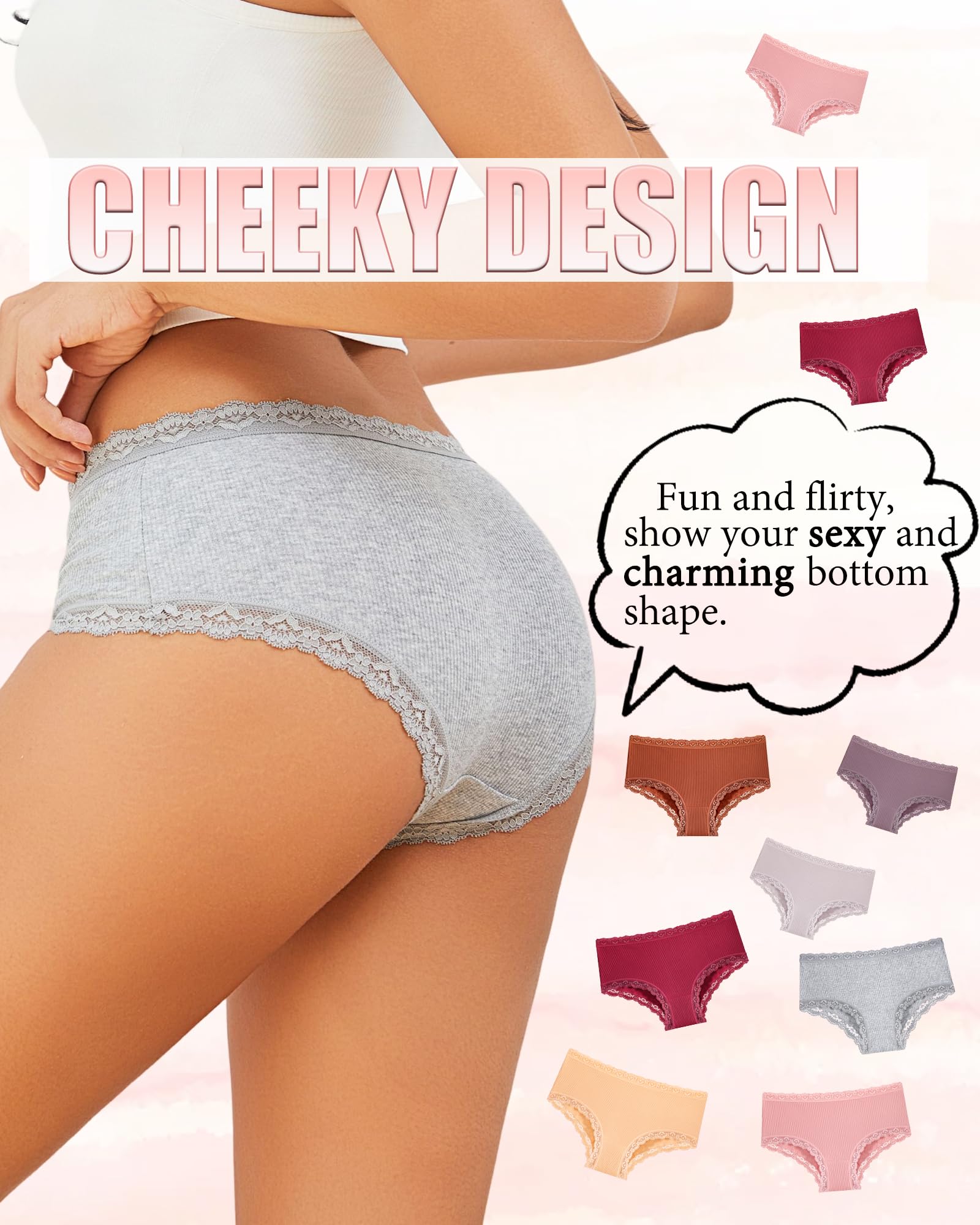 FINETOO Cotton Underwear for Women Sexy Boy Shorts Breathable Cheeky Lace Trim Panties Womens Underwear 6 Pack: Black+white+skin Tone+pink+gray+brick Yellow Small
