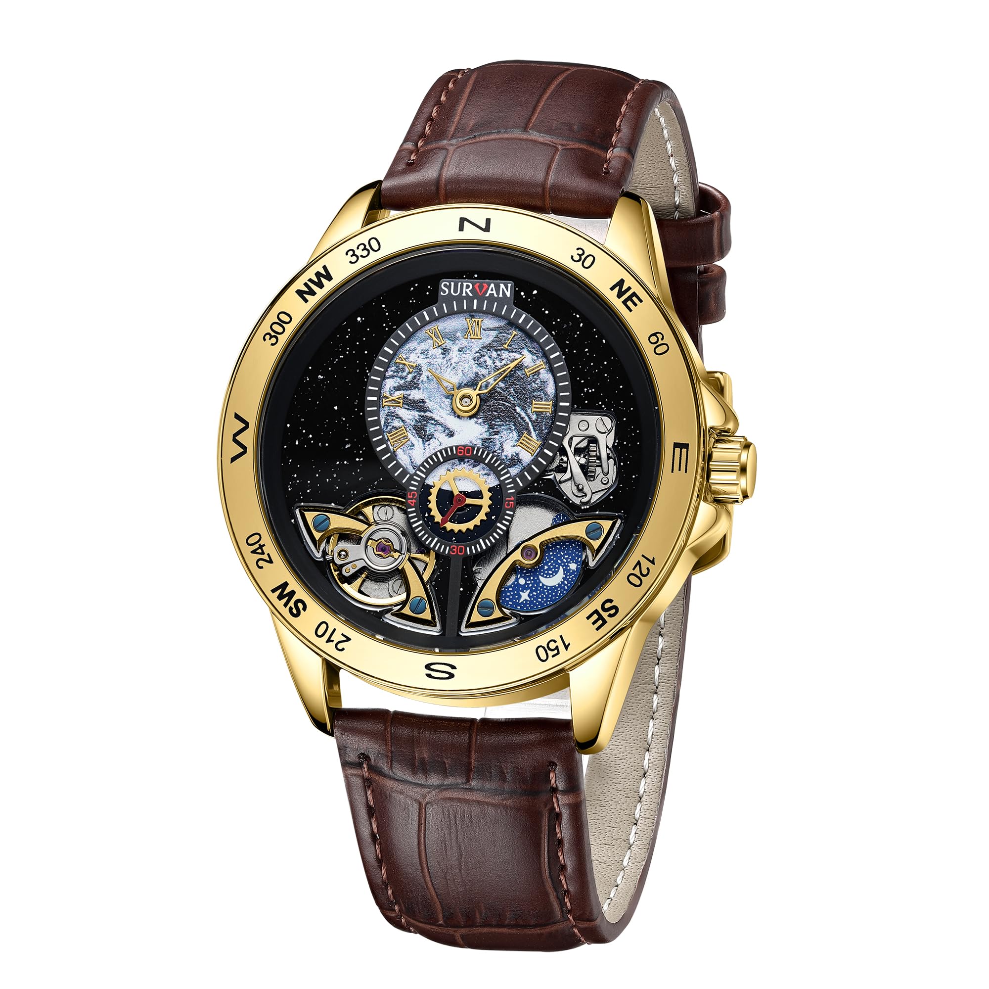 SURVAN Armbanduhr Designer automatische schweizerische Armbanduhr für Männer Weltzeit 18k Gelbes Gold Saphir-Kristalle Mechanische Skelettuhr Echtes Leder Armband | Lederarmband, wasserabweisend, Weltzeit-Zifferblatt, selbstaufziehend, Skelett-Uhren für H