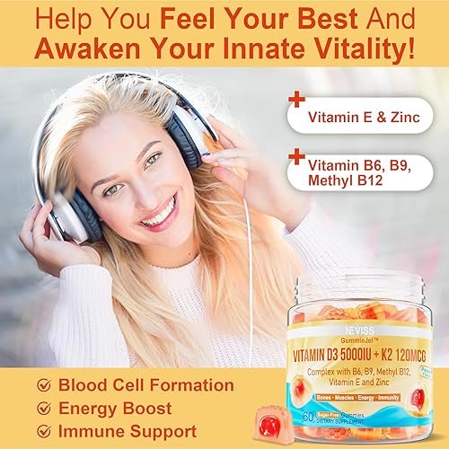 Miniatura 4 de Vitamina D3 5000IU + K2 (MK-7) 120mcg, sin azúcar, vitamina D3 K2 Gomitas rellenas con complejo de vitamina B - Metilo B12, B9, B6  Vitamina E y