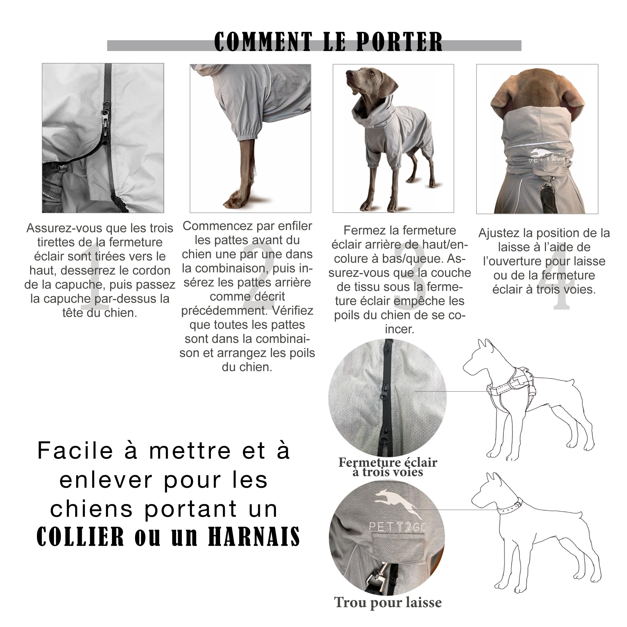 Coupe-Vent Léger pour Chien, Manteau avec Jambes, à Capuche, Trou pour Laisse, Réfléchissant, Compactable - Gris -XL (Mâle)