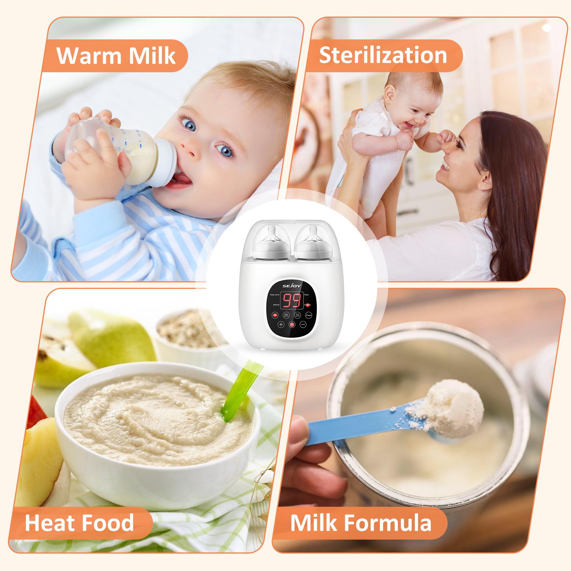 SEJOY 7in1 Flaschenwärmer Baby, Schneller Babykostwärmer Sterilisator & Entfroster für 2 Flaschen, BPA-freier Babykostwärmer, LCD Display