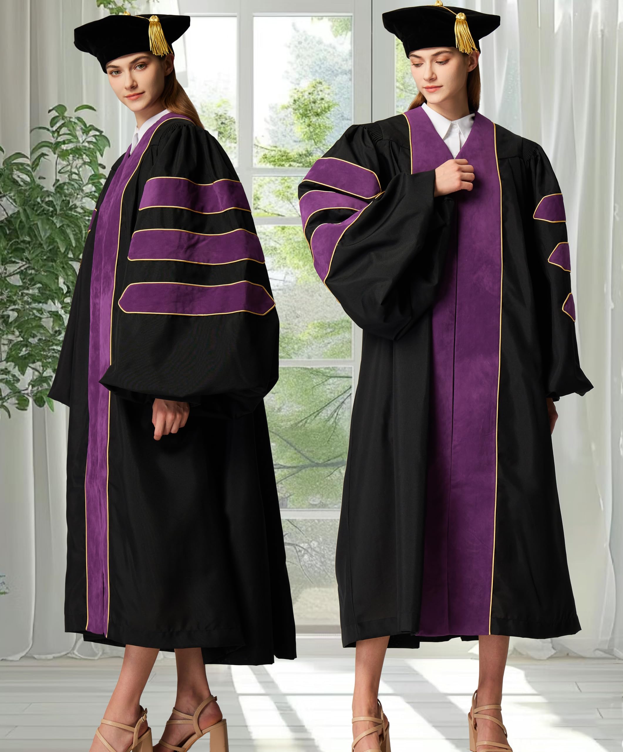 Vestido de graduación de doctorado unisex de lujo y paquete de 8 lados con ribetes dorados