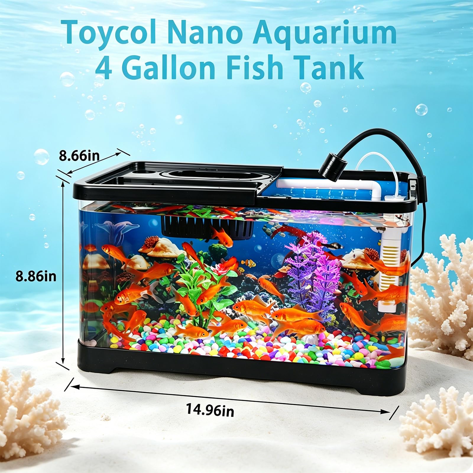 Acquario da 4 galloni - Kit di avviamento per acquario tutto in uno con luce LED per acquario, filtro silenzioso 3 in 1 e sfondo oceano - Acquario da tavolo ideale per pesci tropicali - Perfetto per