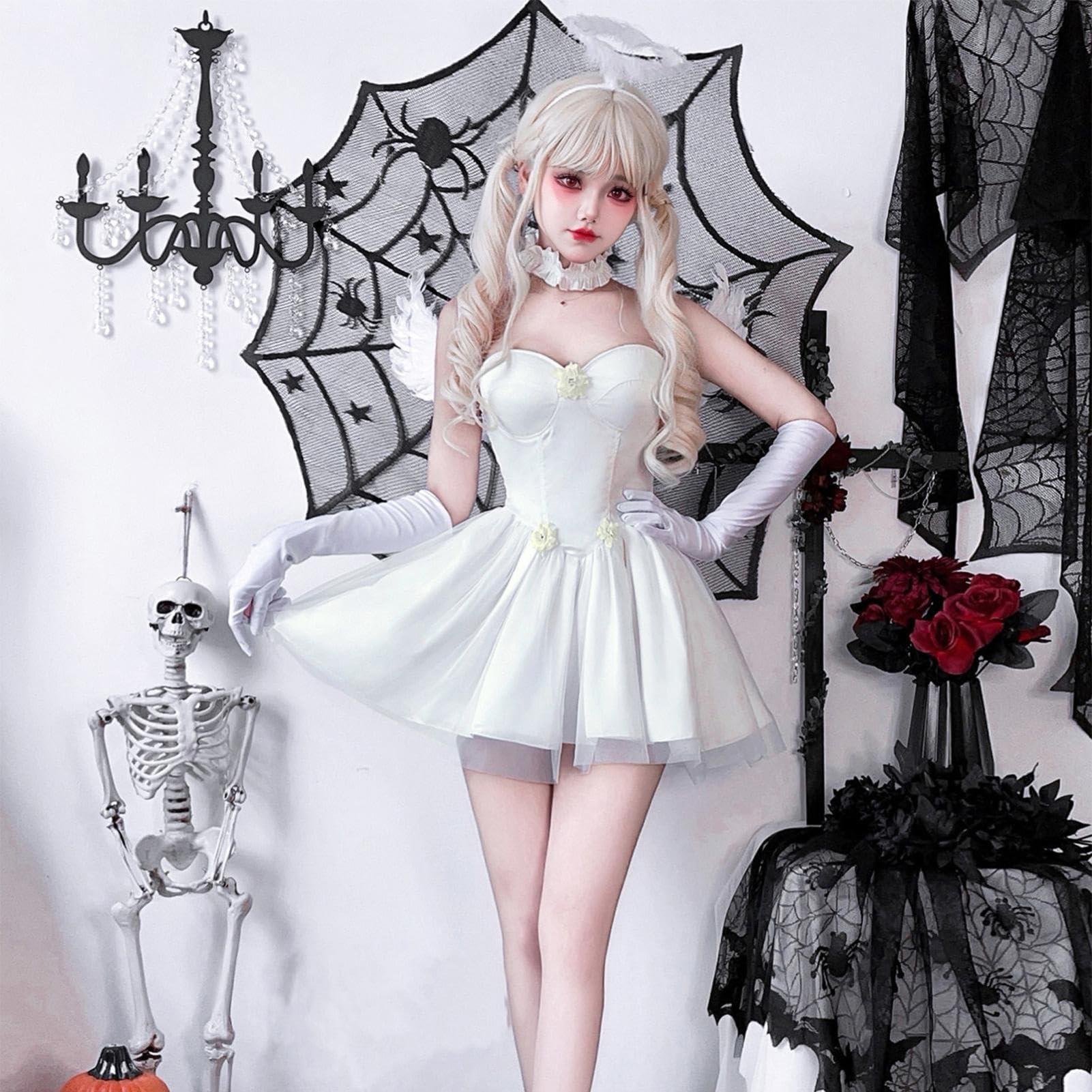 Generisch Cosplay Engel Damen Halloween Cosplay weiße Beung mit Handschuhen
