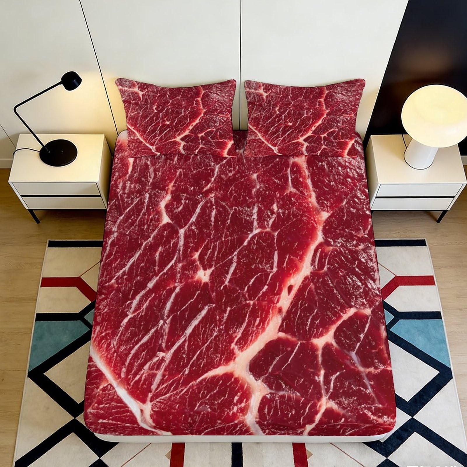 3D Printed Marbled Beef Fitted Sheet Microfiber Anti-Slip Bedroom Decor Steak Pattern Mattress Cover Washable 90x200x25cm