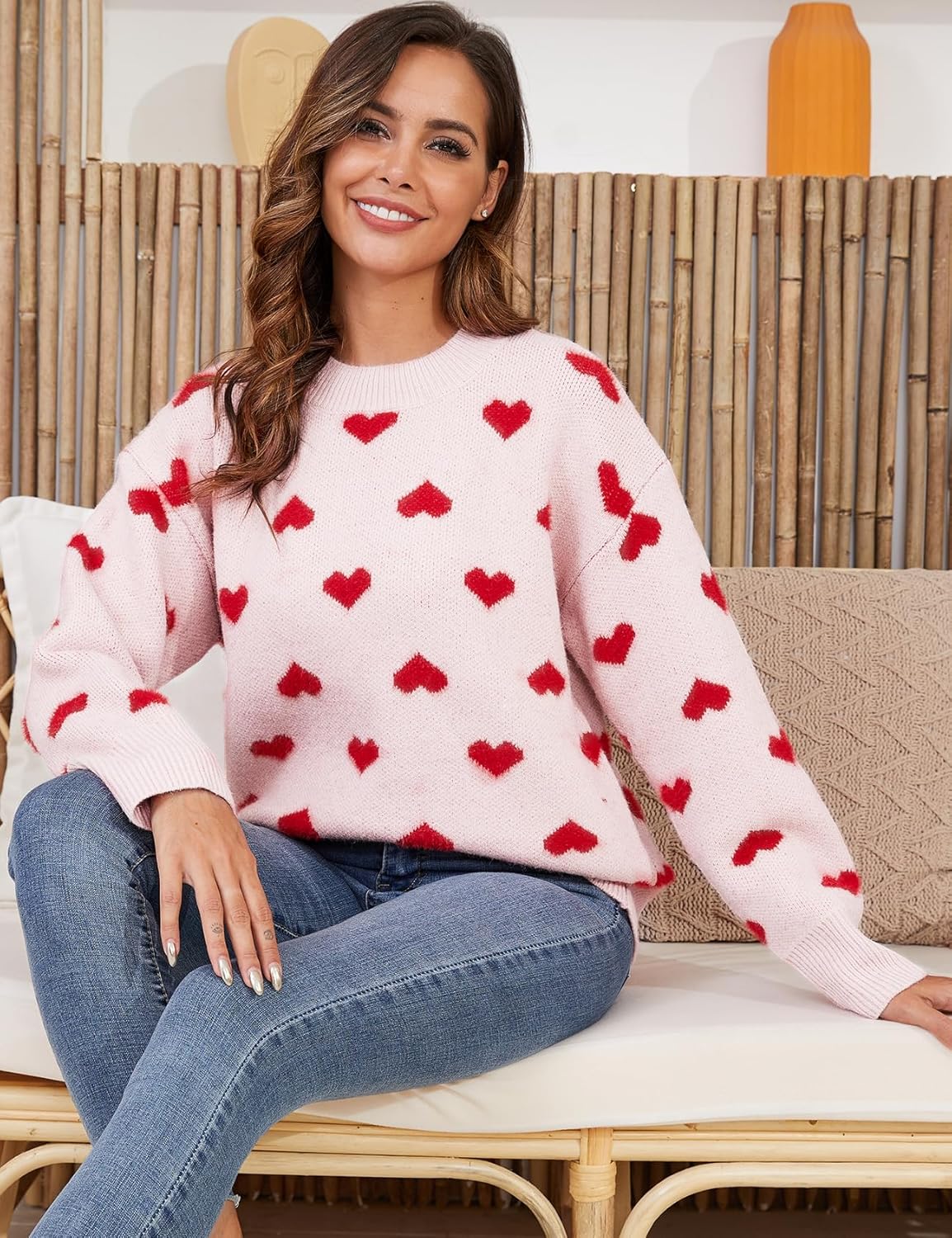 Gihuo Heart Sweater for Women Cute Casual Crewneck Long Sleeve Knitted Pullover Sweaters(Beige-XL) - Image 5
