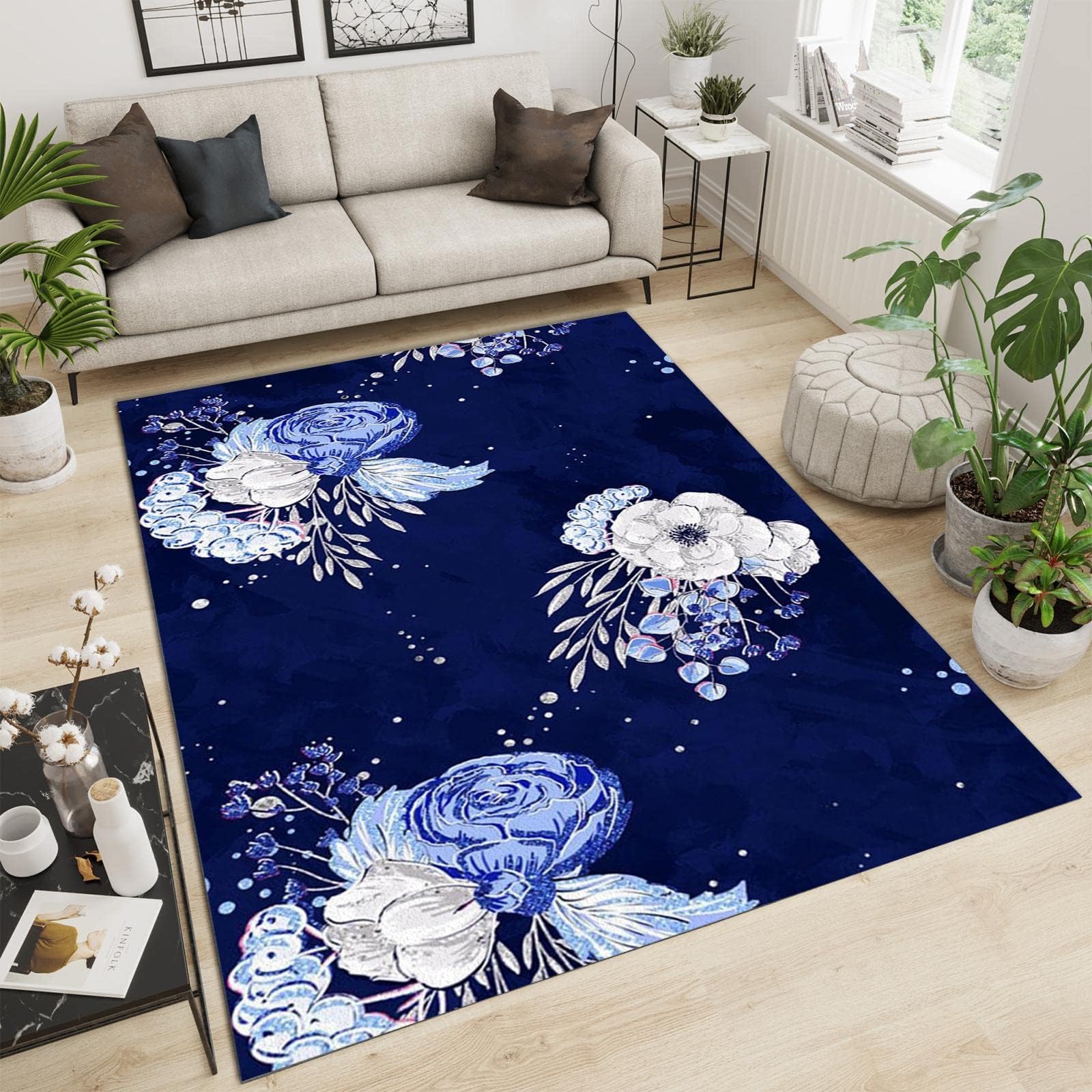Tapis bleu foncé floral 170x240 cm lavable pour la chambre