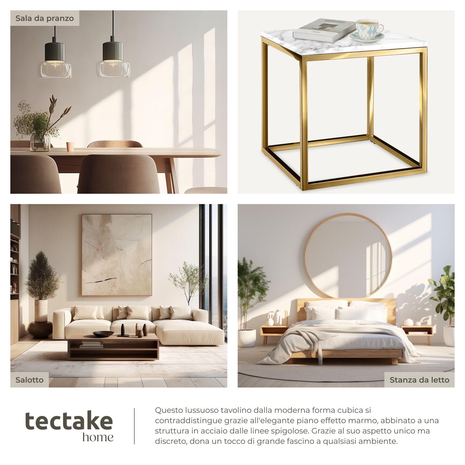 tectake® tavolino salotto in marmo, base in metallo, tavolino da caffè, tavolo basso rotondo, tavolino basso in marmo moderno per salotto, soggiorno,metallo, design, tavolo da balcone - Bianco/Oro