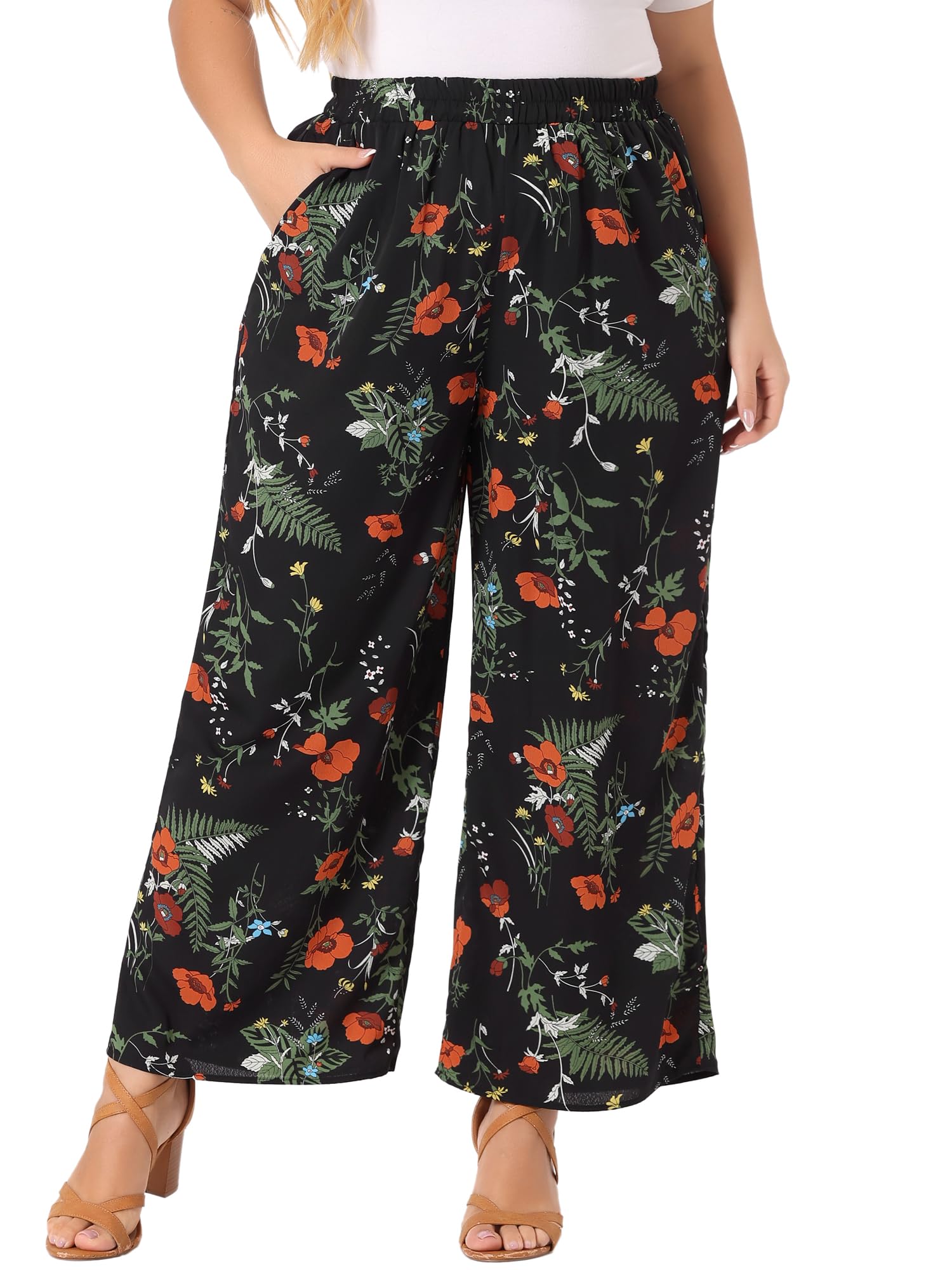 Agnes Orinda Plus Size Palazzo Pants for Women Chiffon Casual Boho High Waist Wide Leg Pant with Pockets