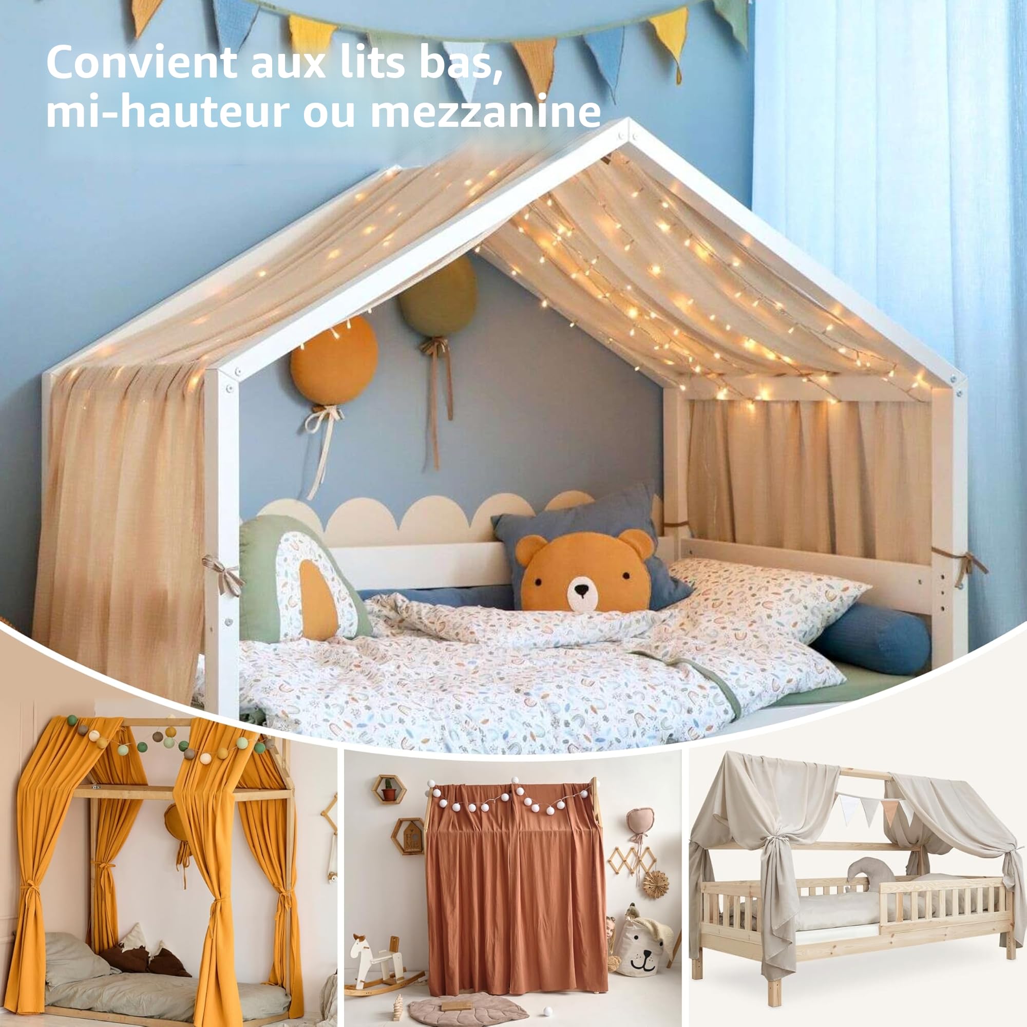Lot de 2 baldaquins de lit faits à la main en mousseline 100 % coton pour décoration de lit pour fille et garçon (65 x 270 cm, beige clair)